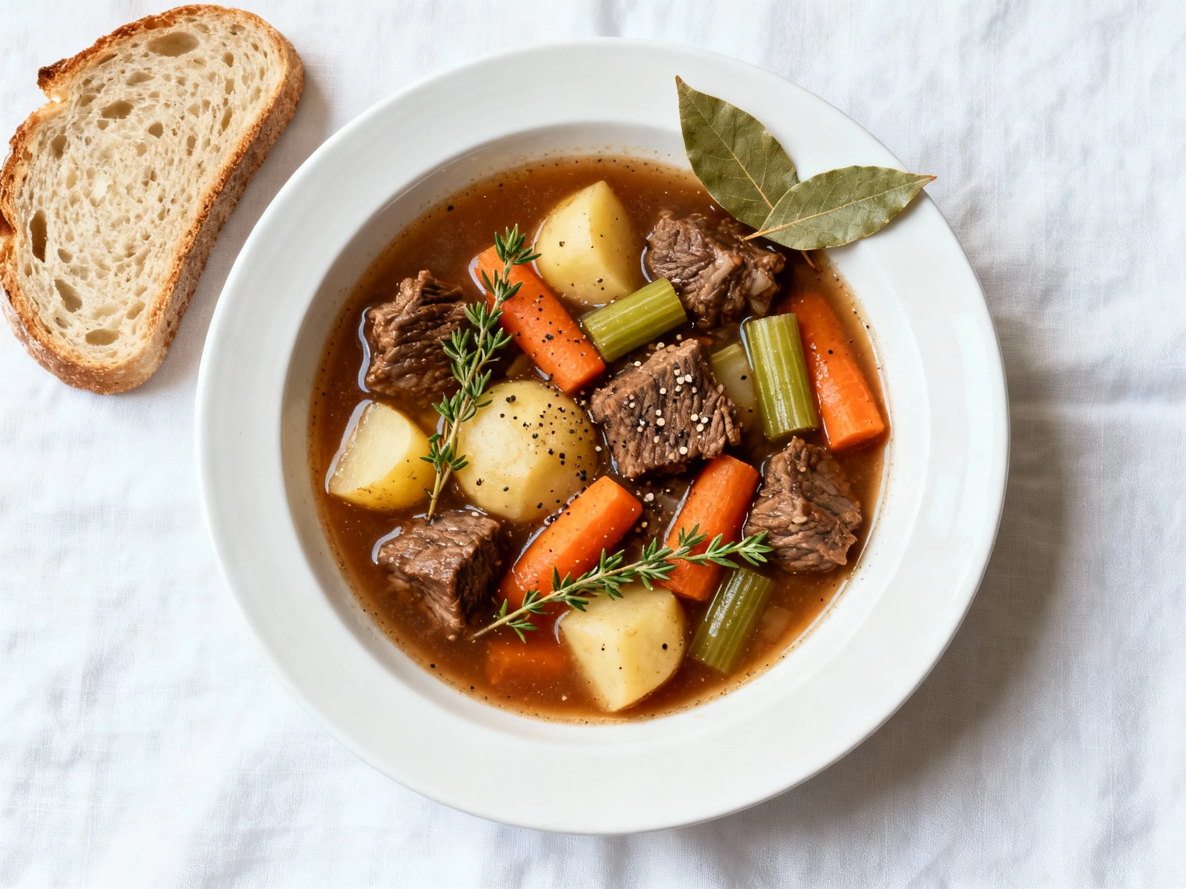 Food photography, Tasty top view: Overhead shot of reheated canned beef stew in a wide white bowl—evenly spaced beef, ca