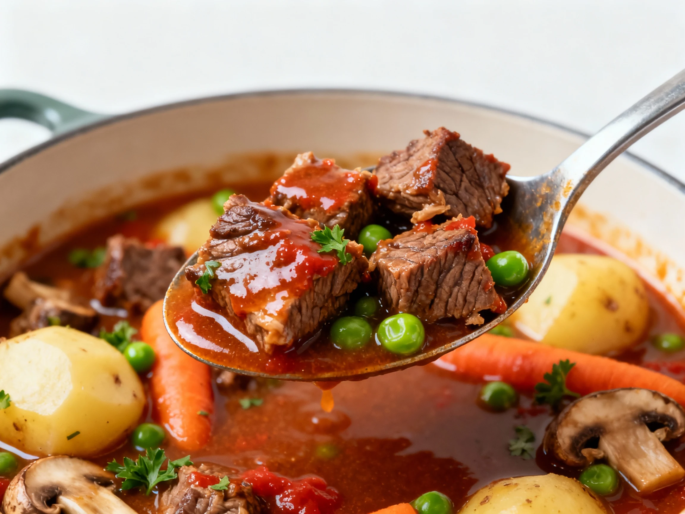 Food photography, Close-up detail: Macro of a ladle lifting the stew—seared chuck cube falling apart in thick glossy gra