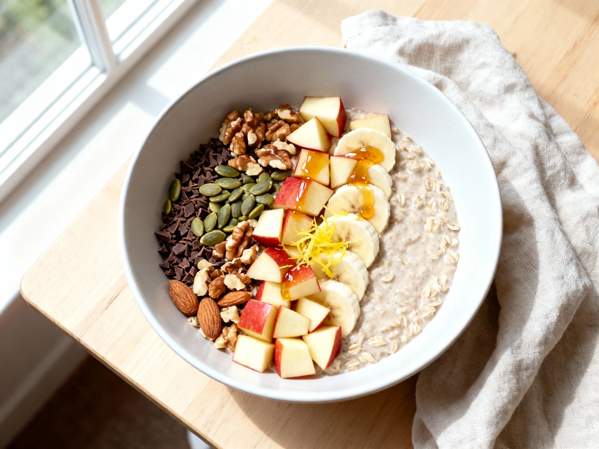 Food photography, 3. Tasty top view: finished high-fiber breakfast bowl with neatly arranged diced apple, banana slices,