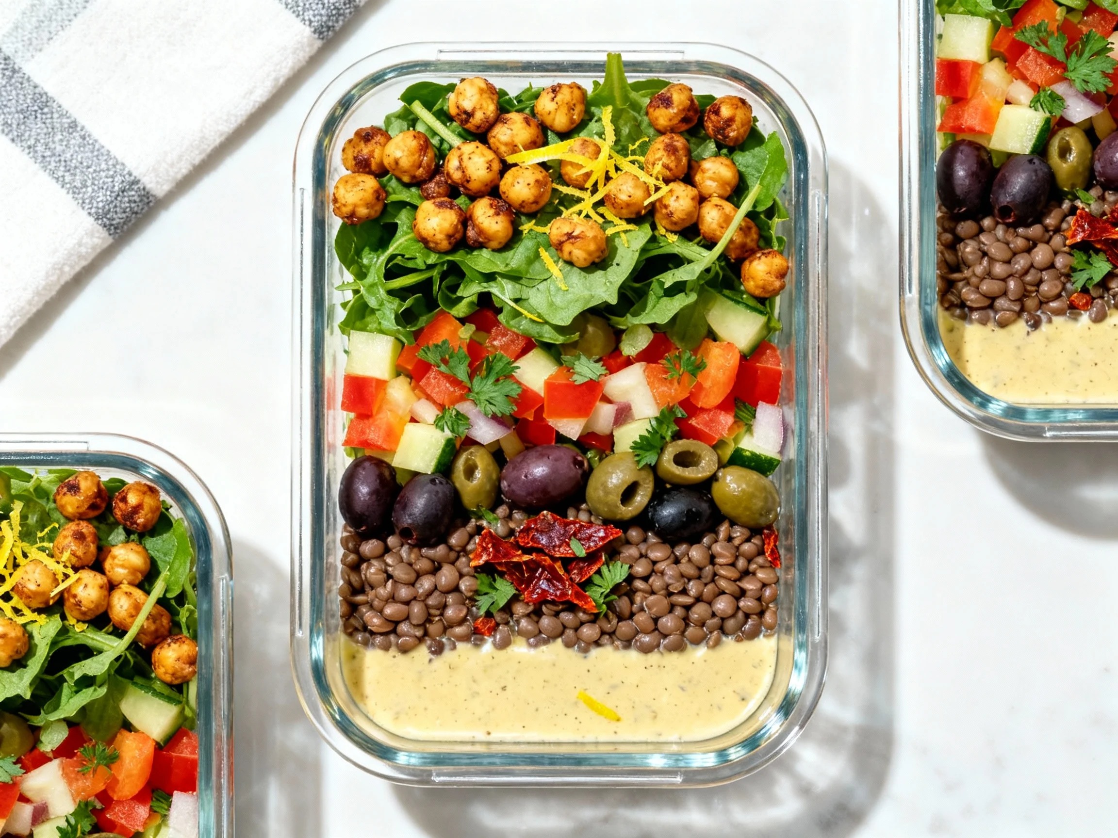 Food photography, Overhead shot of meal-prep containers layered: dressing at bottom, cooked lentils, diced veg, olives, 
