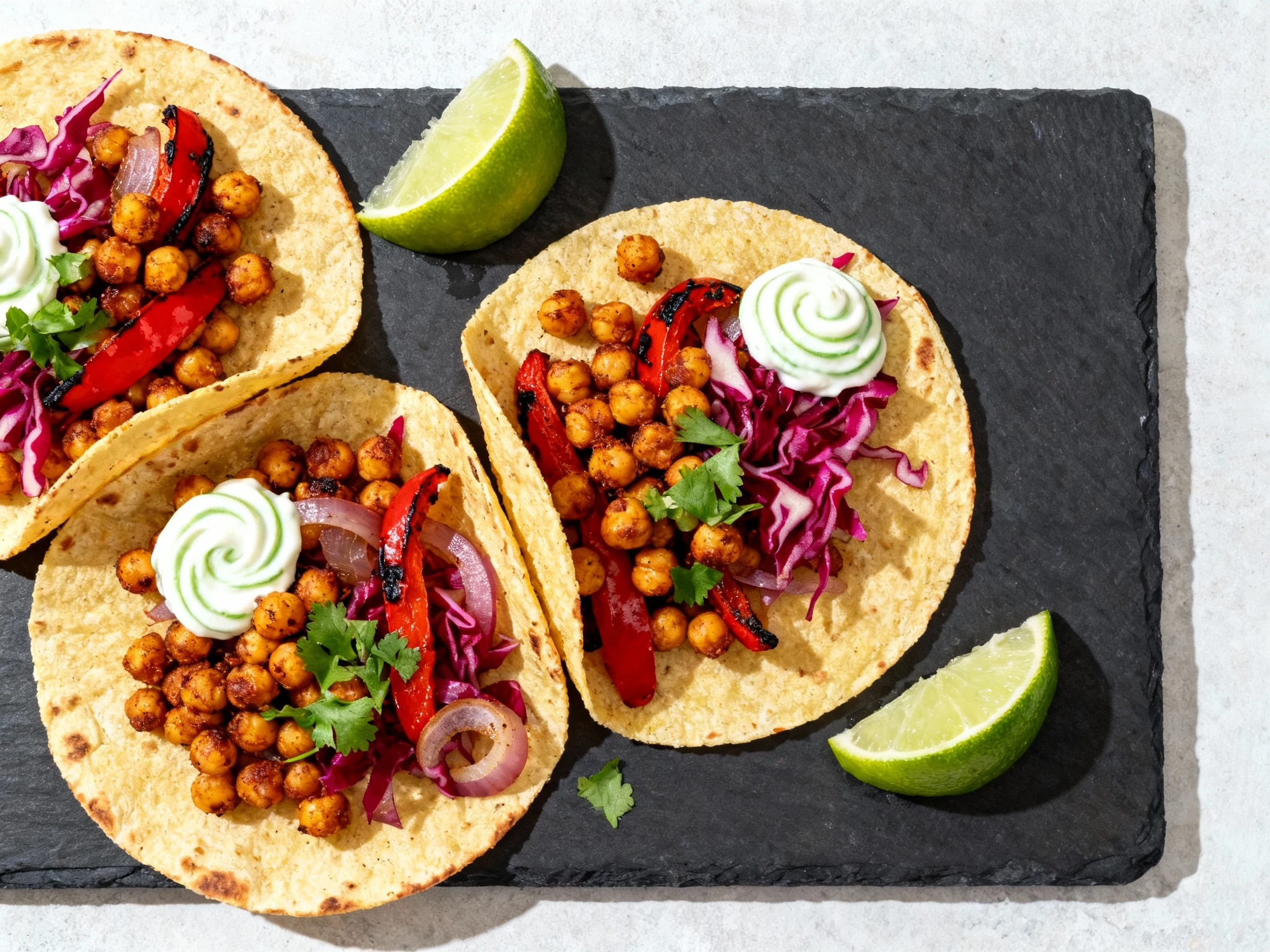 Food photography, Overhead shot of sheet-pan chickpea tacos—warm corn tortillas topped with crispy spiced chickpeas, cha