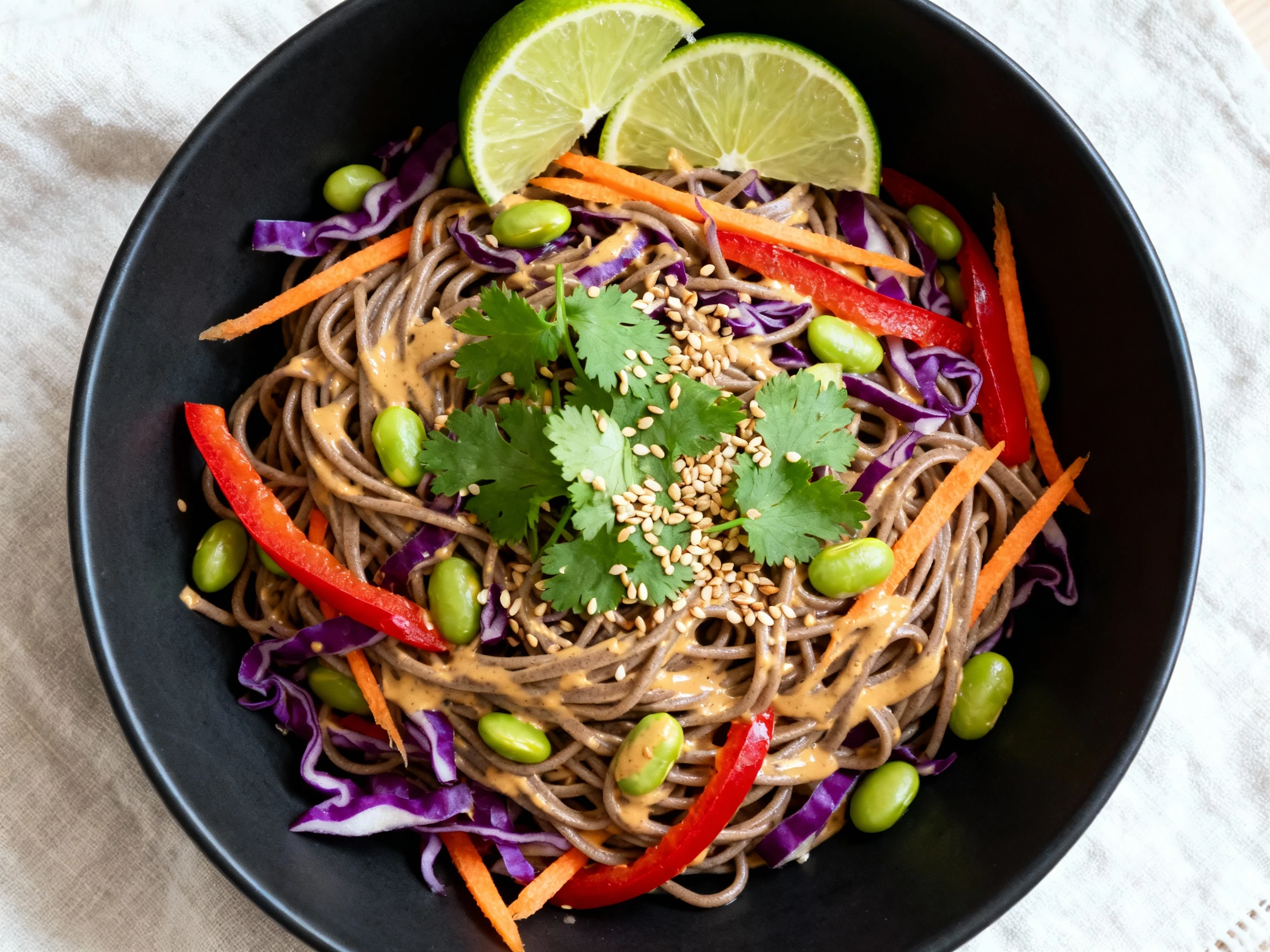 Food photography, Overhead shot of Crunchy Peanut Soba Salad: buckwheat soba coated in creamy peanut–lime sauce with shr