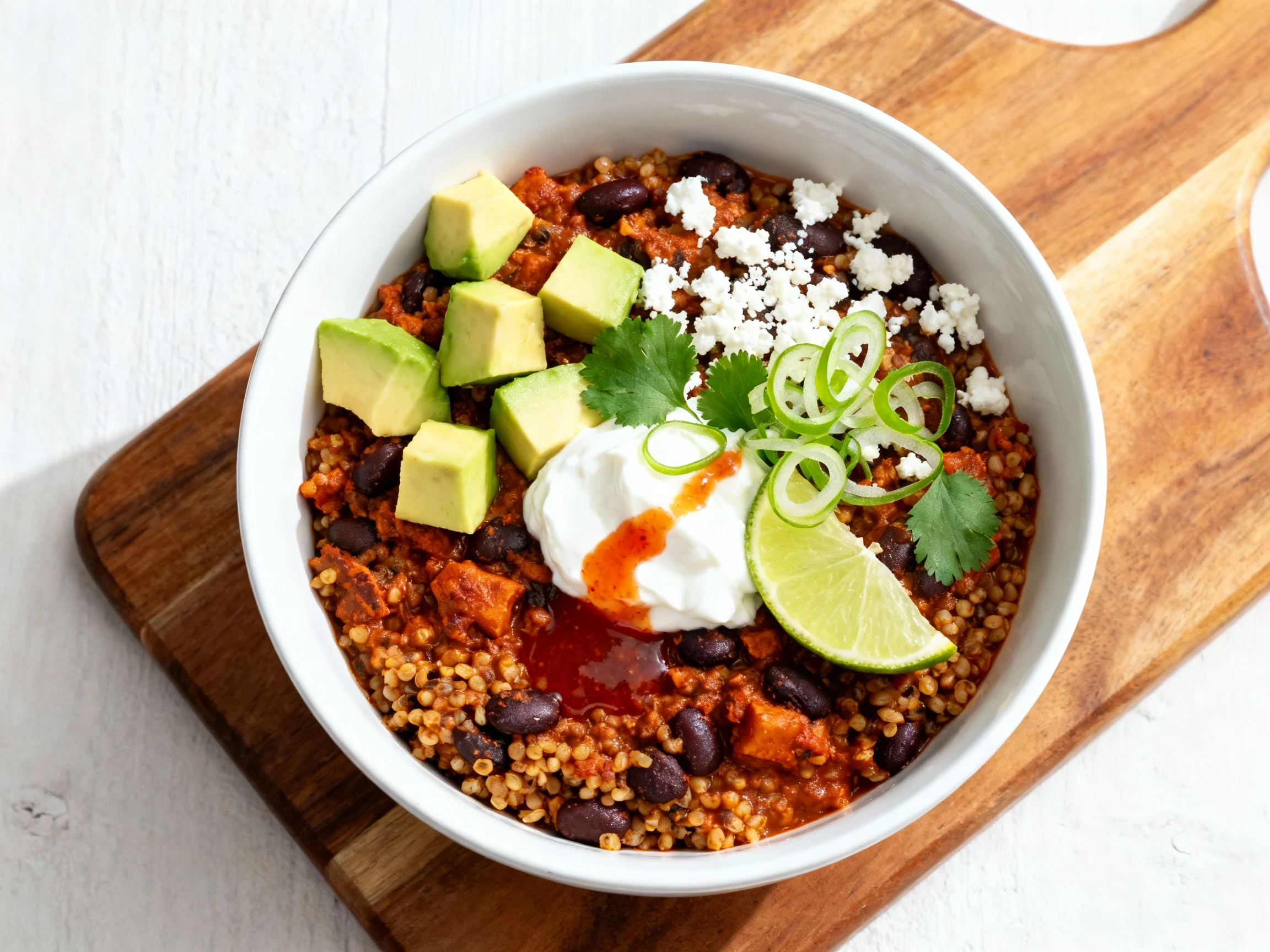 Food photography, Top-down plated bowl of spicy black bean & quinoa, saucy and chunky, garnished with avocado cubes, a c