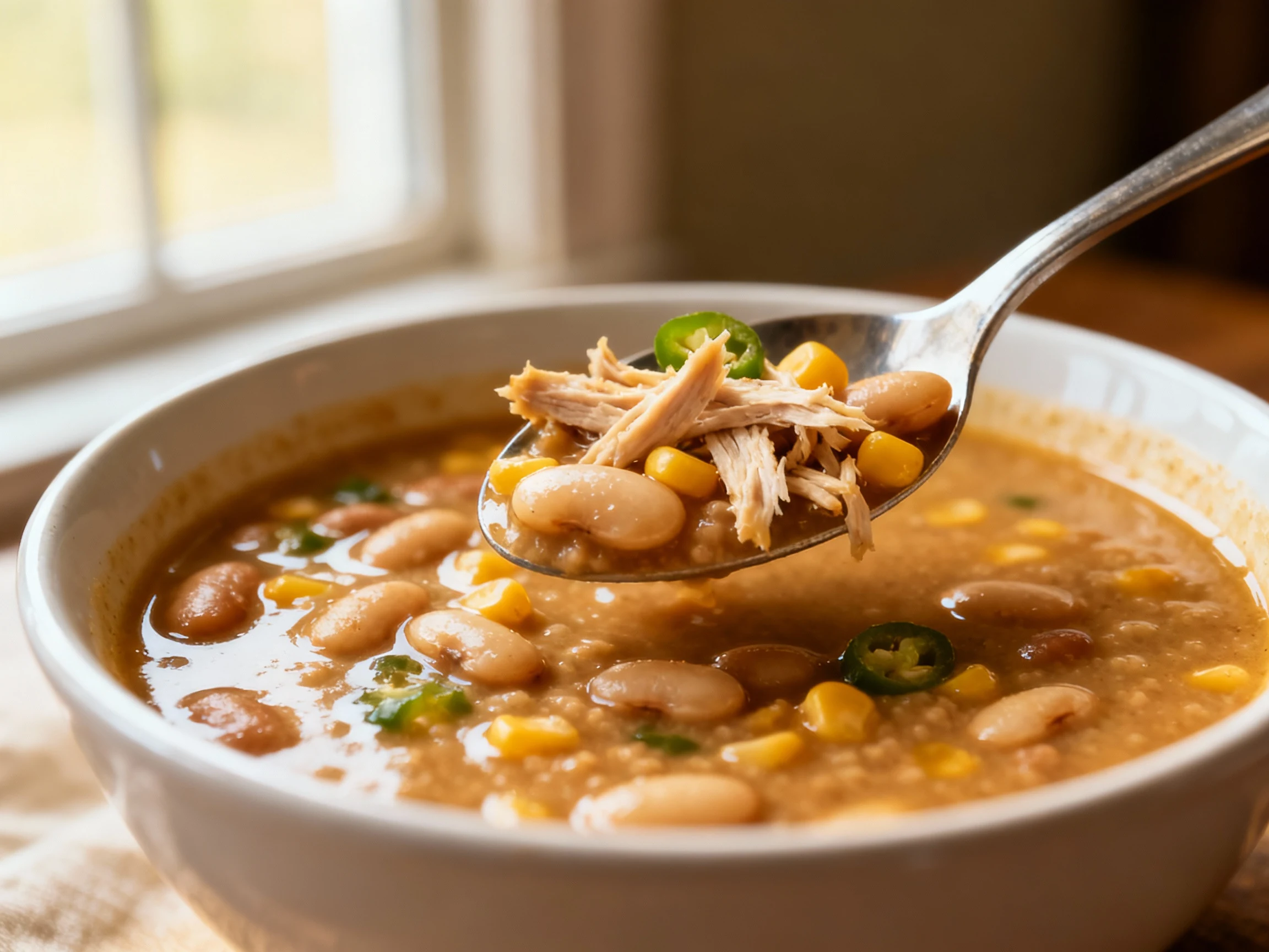 Food photography, Close-up detail of a spoonful resting on the bowl rim, showing thick, velvety broth from mashed beans 