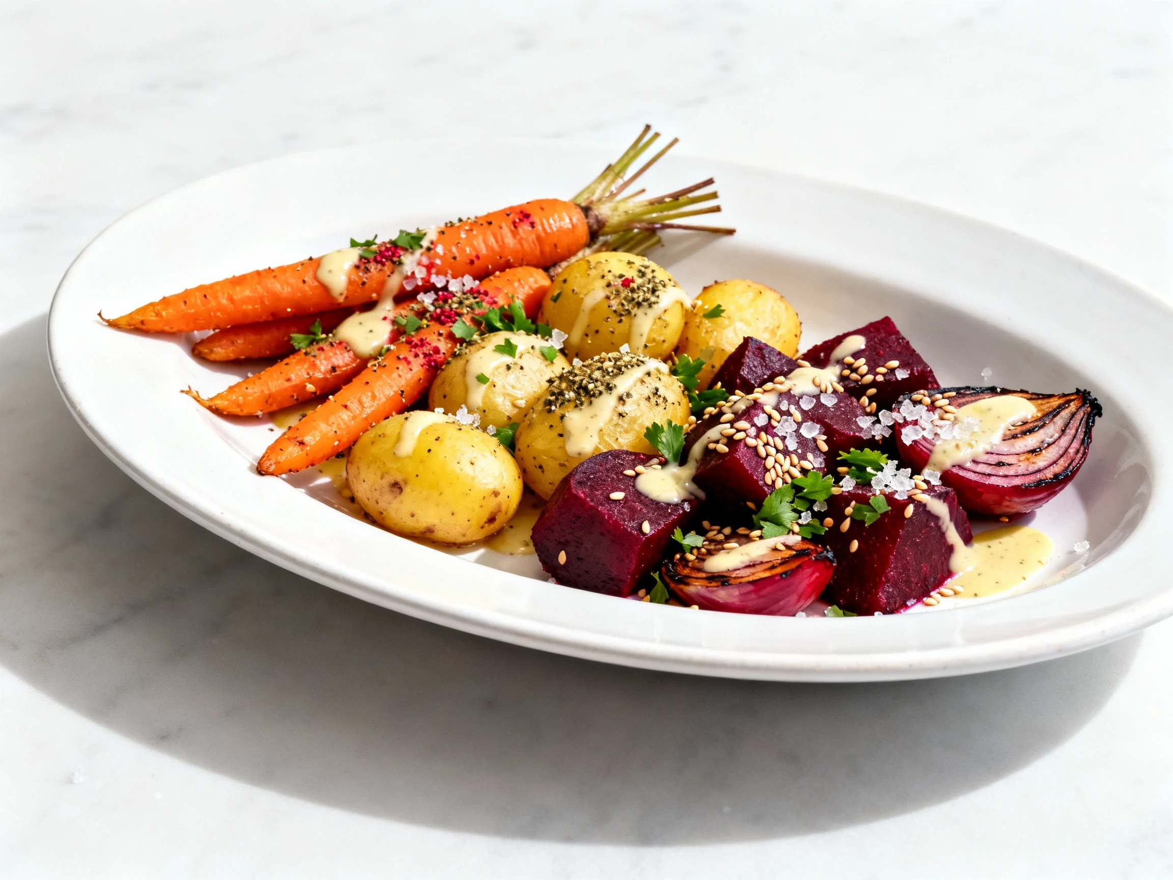 Food photography, Beautifully plated roasted root vegetables finished with zaatar and sumac, drizzled with tahini-lemon 