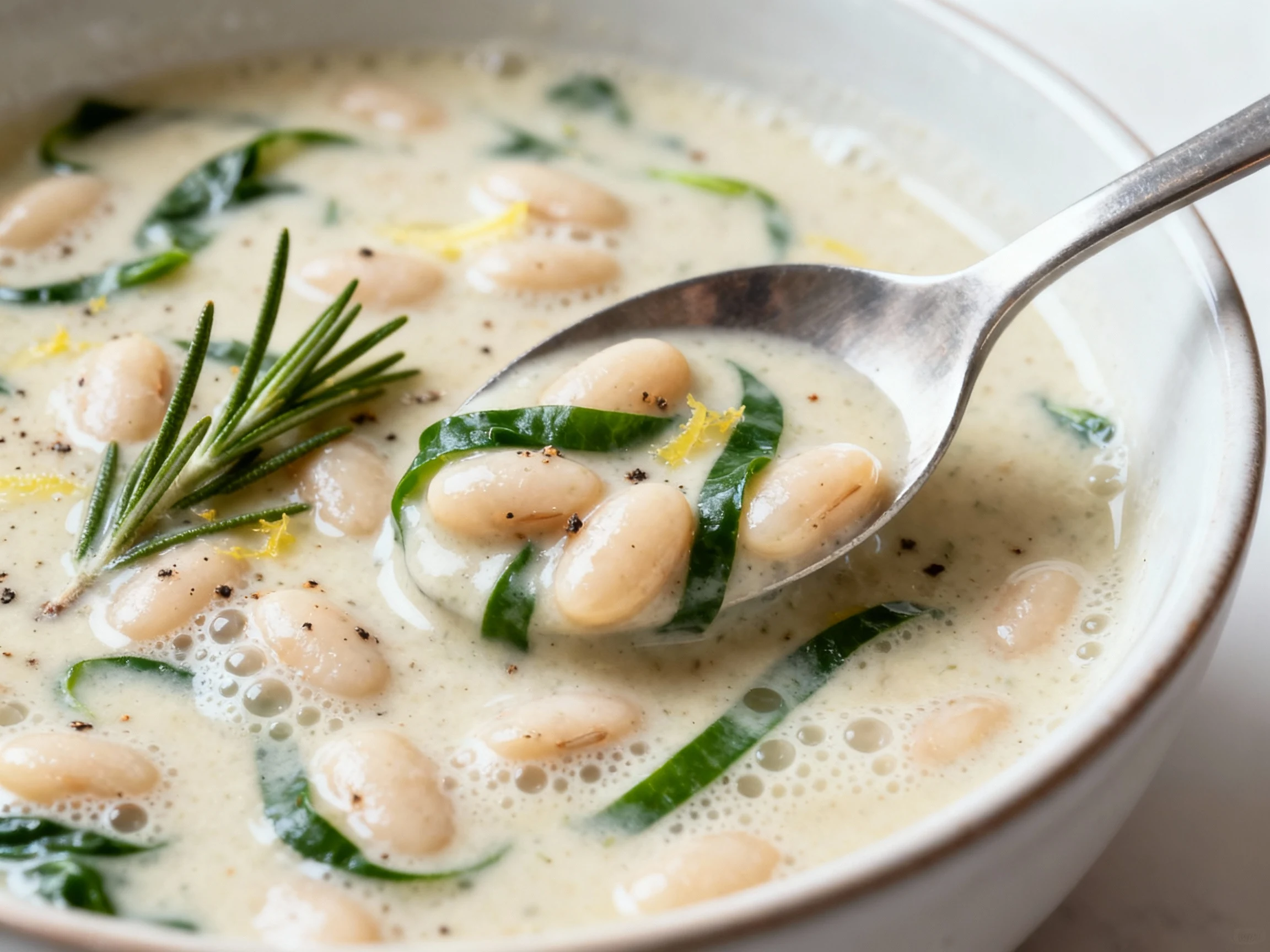 Food photography, Close-up of spoon-coating creamy white bean soup with rosemary: velvety texture with intact beans and 