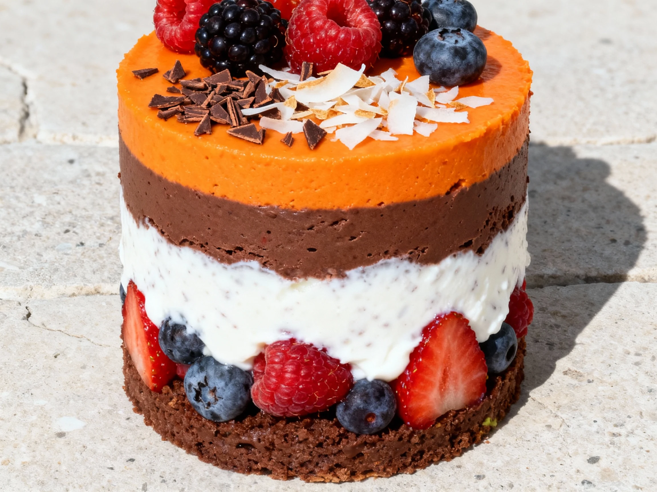 Food photography, Tasty top view: orange–dark chocolate avocado mousse parfait layered with coconut yogurt and mixed ber