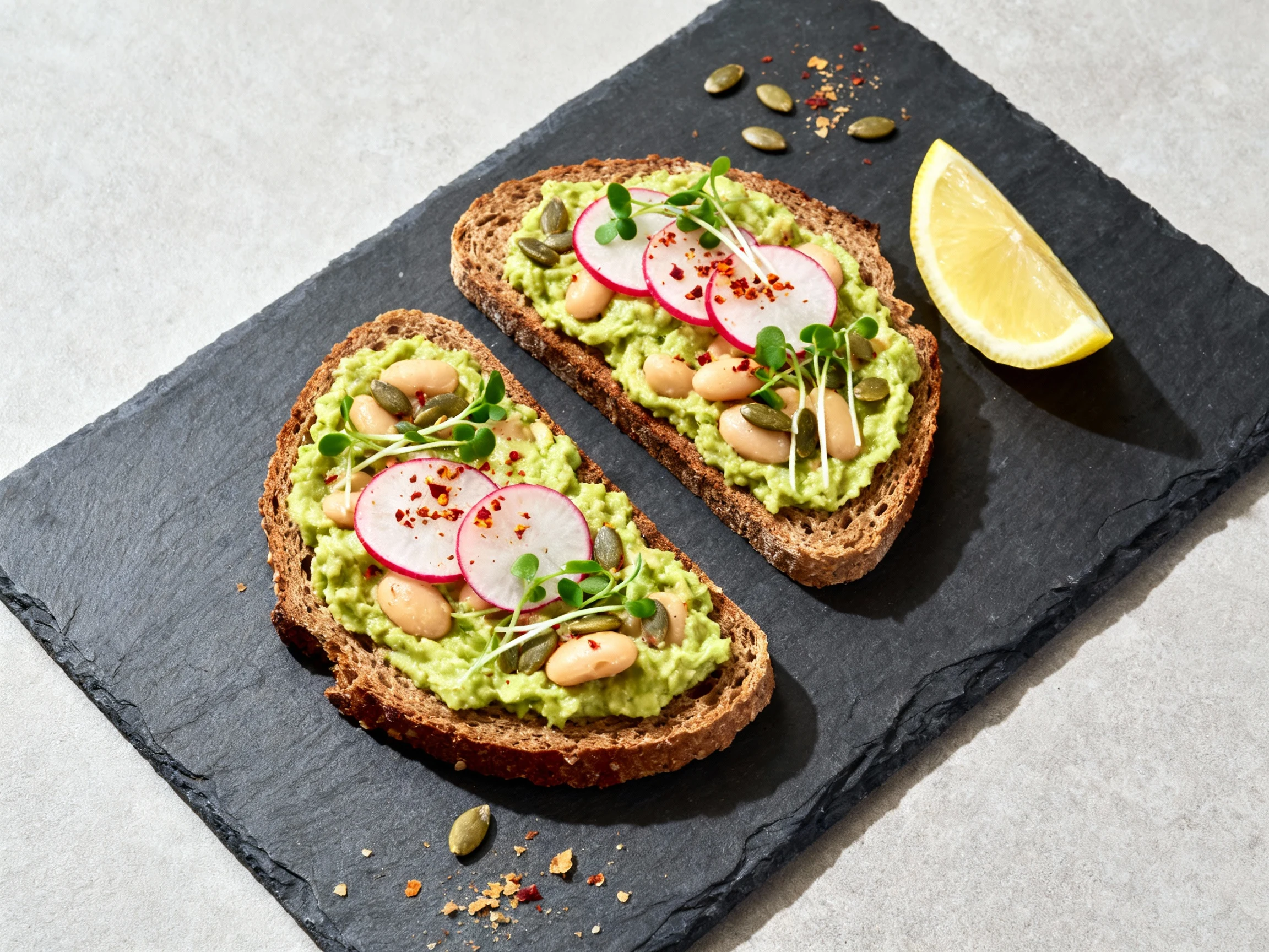 Food photography, Tasty top view: Avocado White Bean Crunch Toast—two slices of hearty whole‑grain toast spread with avo