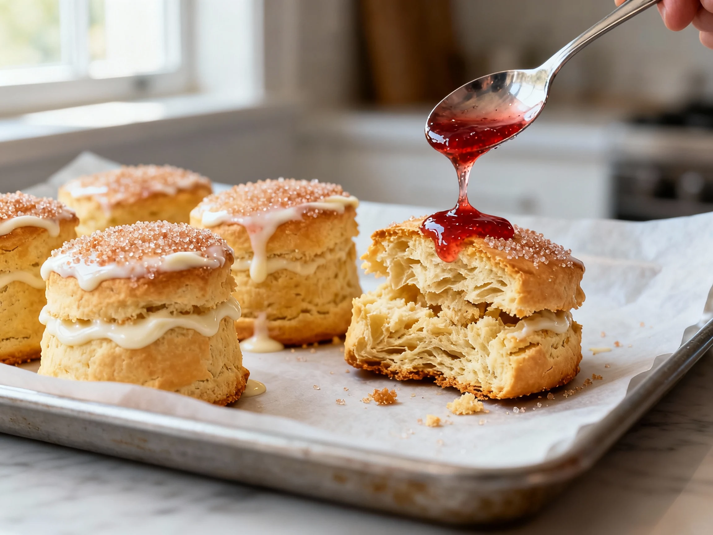 Food photography, Process image after baking: parchment-lined sheet pan of tall, golden biscuits brushed with cream and 