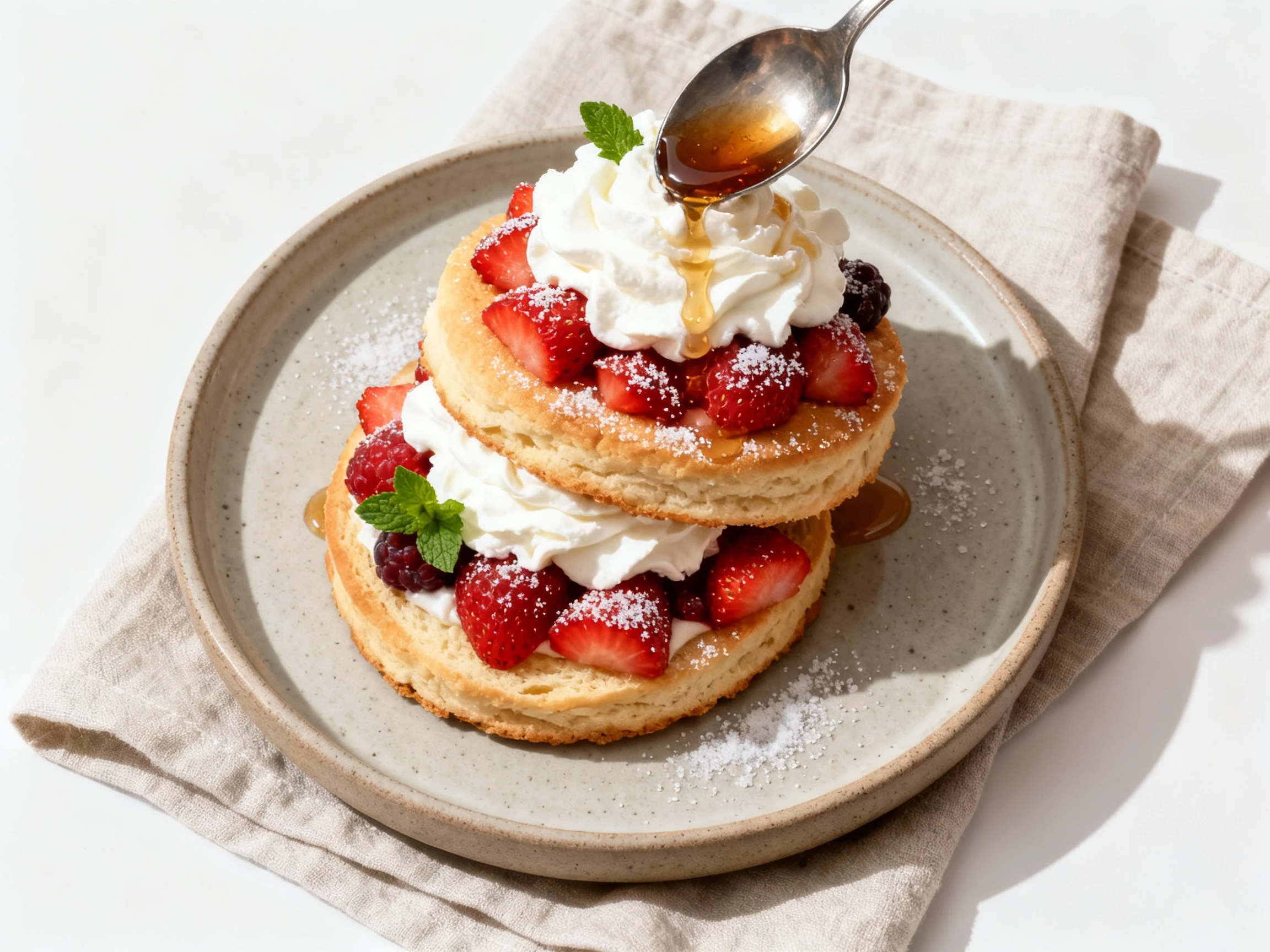 Food photography, Overhead final presentation: two stacked strawberry shortcakes overflowing with juicy berries and clou