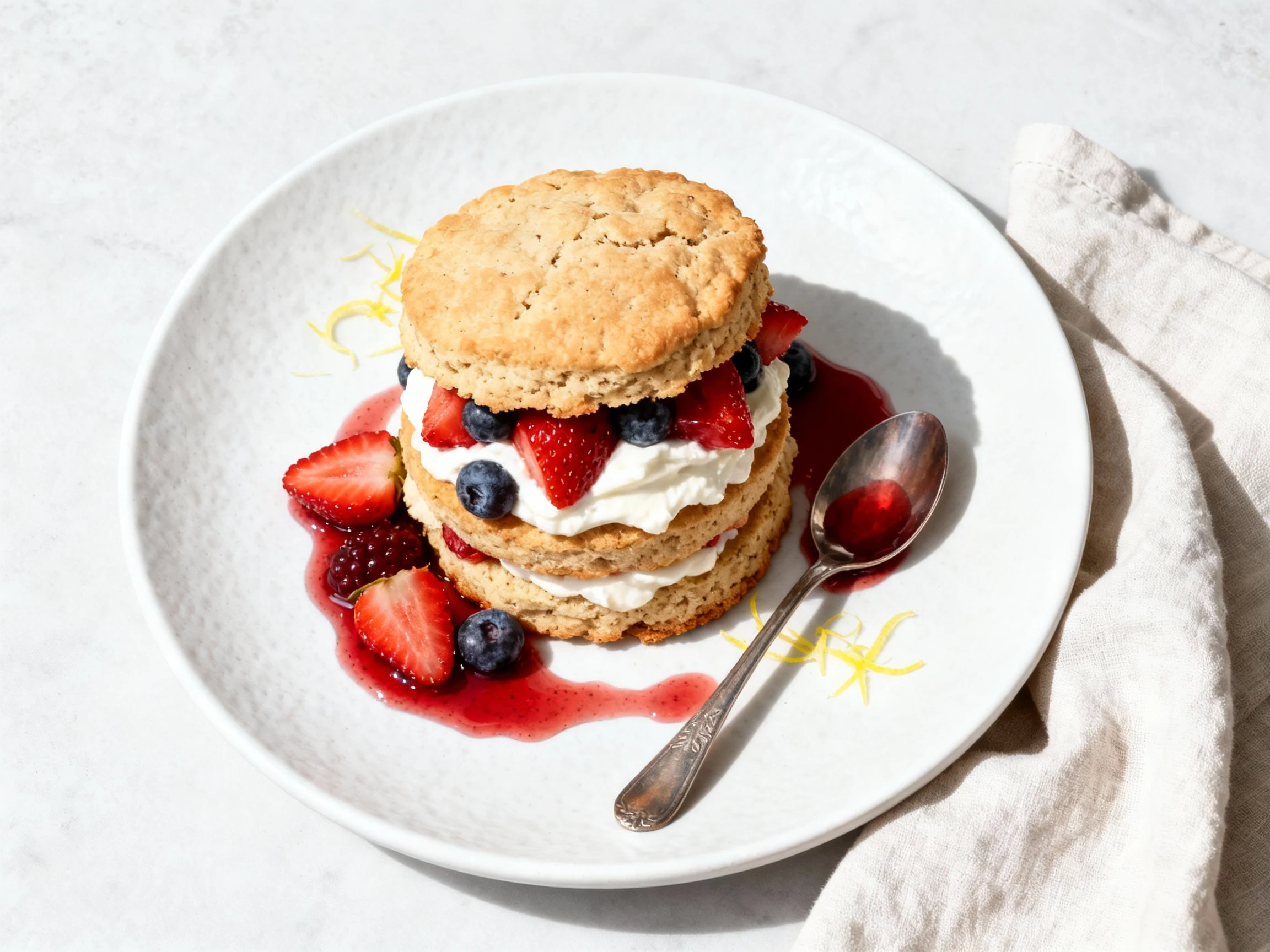 Food photography, Top-down shot of plated gluten-free strawberry shortcakes on a matte white plate: stacked biscuits wit