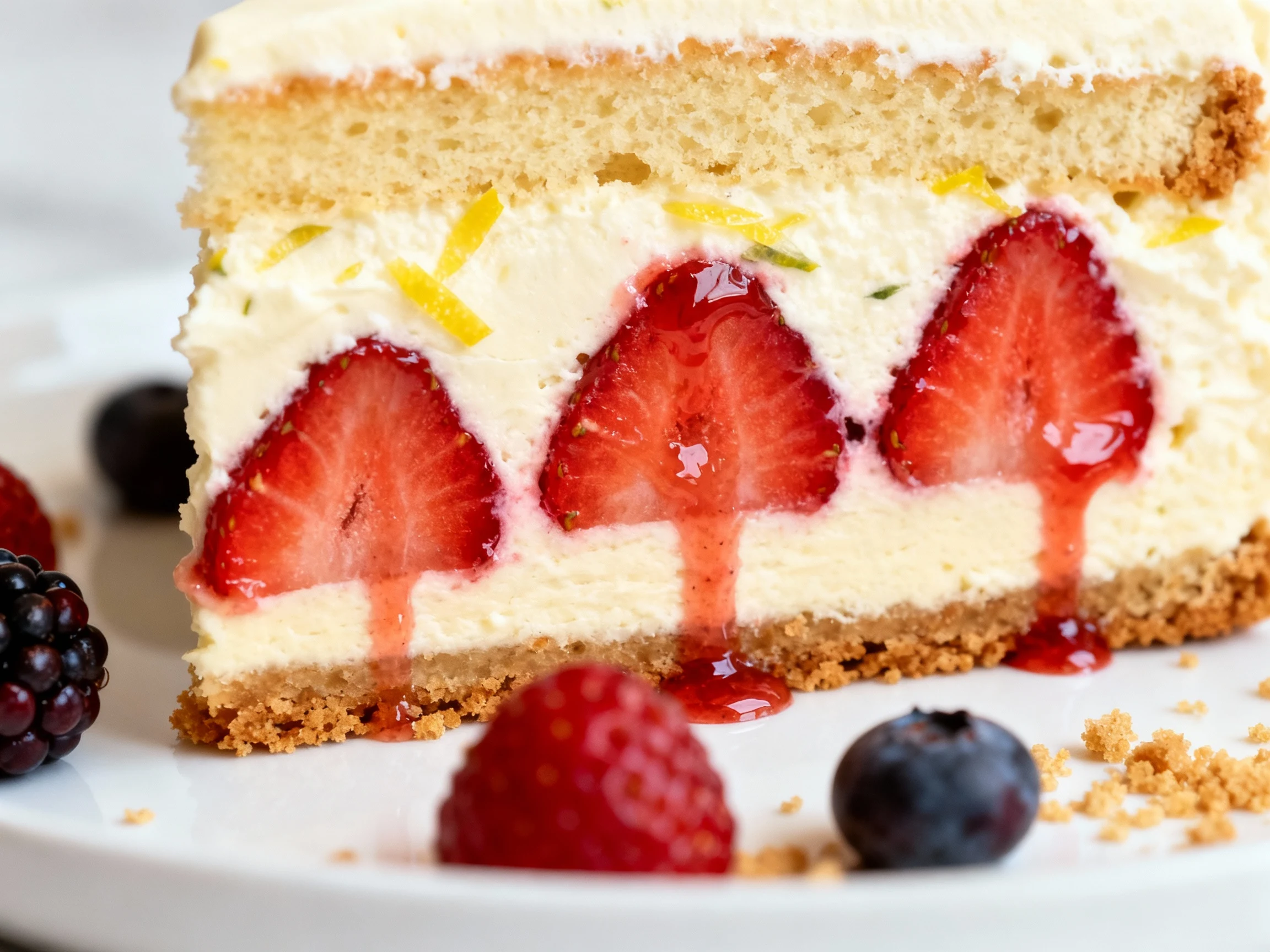 Food photography, Close-up plated slice showing clean, cake-like layers—softened graham crackers, stable vanilla cream w
