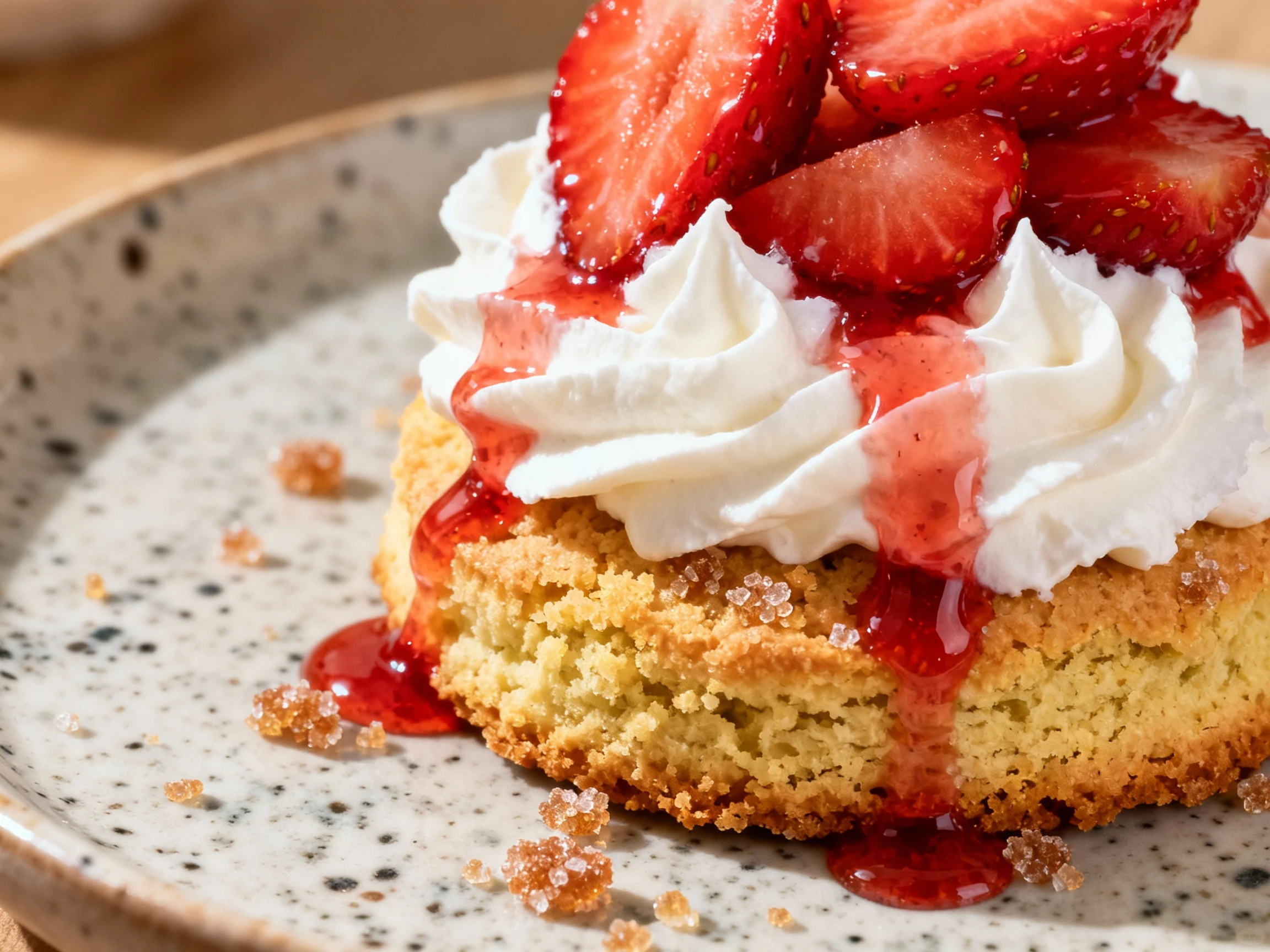 Food photography, Close-up detail: single plated shortcake on speckled ceramic, tender olive oil biscuit crumb with turb