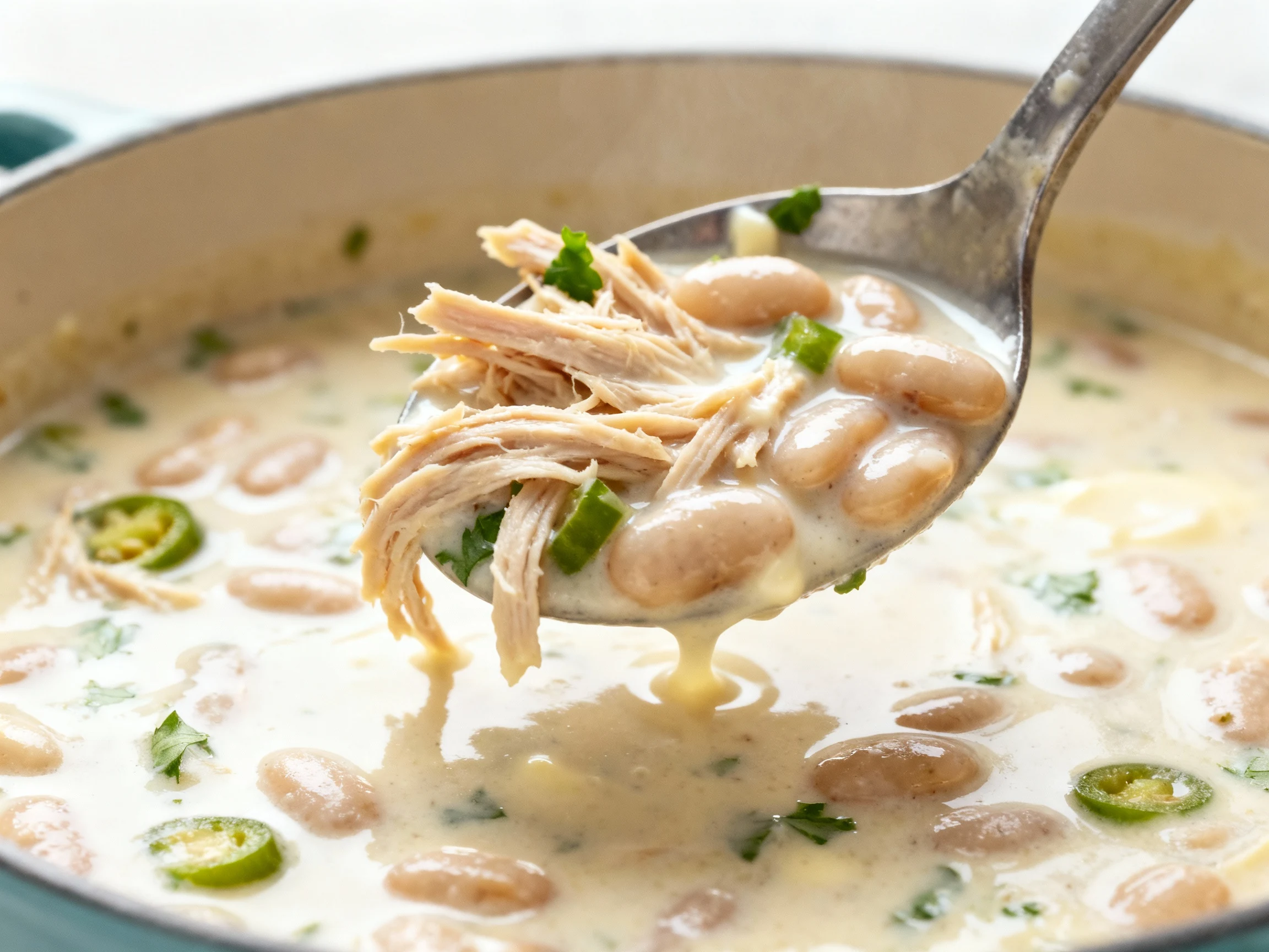 Food photography, Close-up detail: a ladle lifting silky white bean chicken chili—shredded chicken strands, creamy broth
