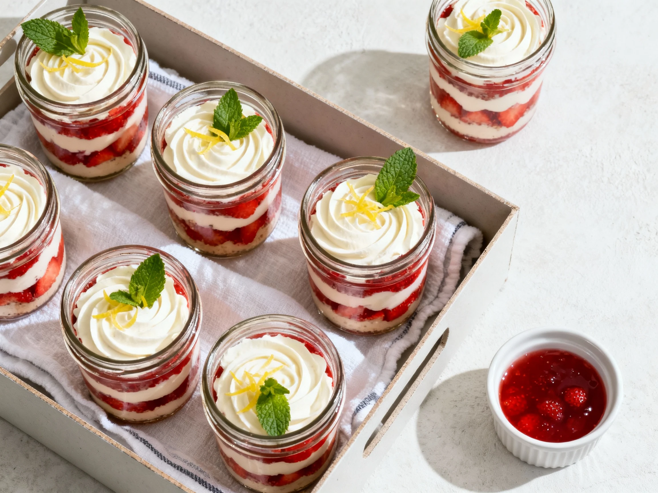 Food photography, Top-down overhead of multiple finished trifles (6–8) in identical 8-oz jars: uniform clean layers and 