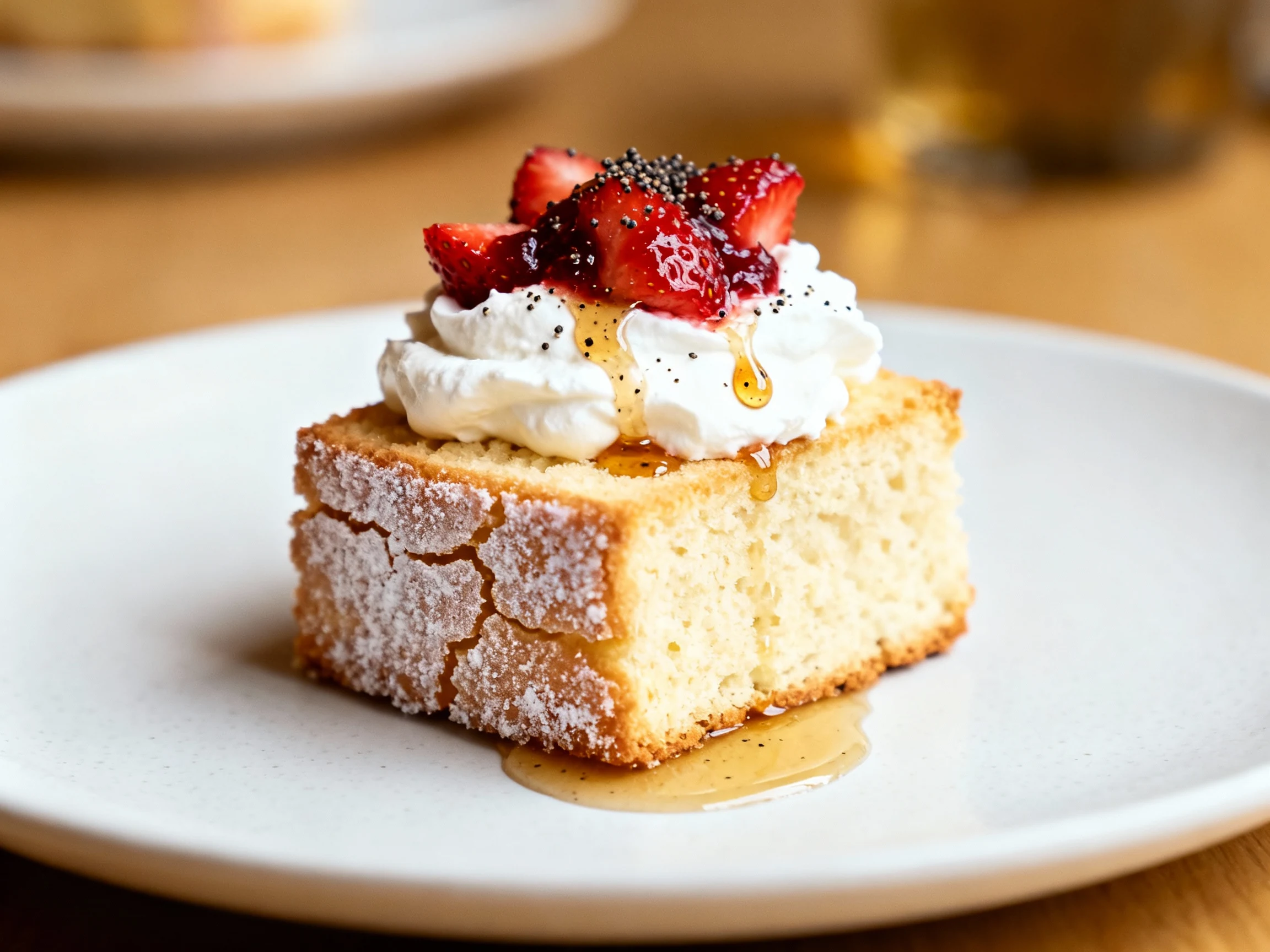 Food photography, Close-up of a single square of strawberry shortcake plated on a matte white dessert plate: tender, flu