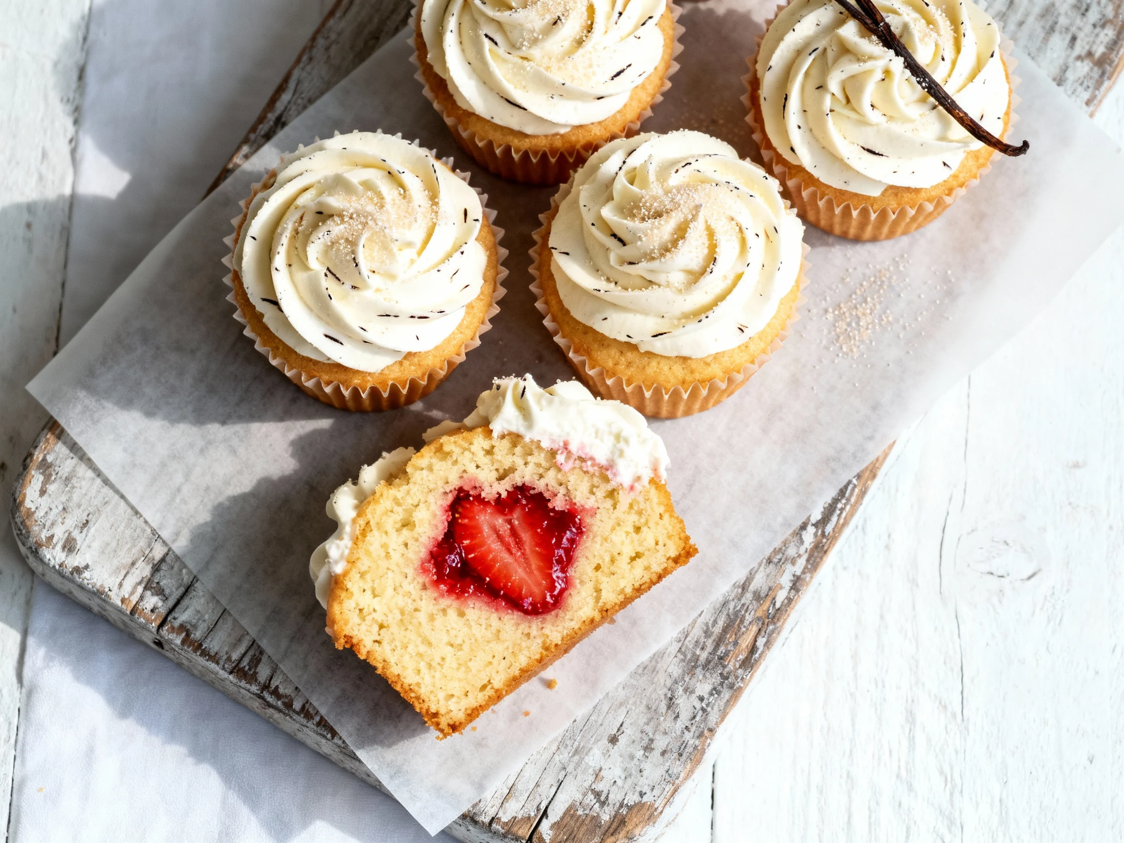 Food photography, 3. Overhead top view: a small cluster of finished cupcakes, one cut open to reveal bright, jammy straw