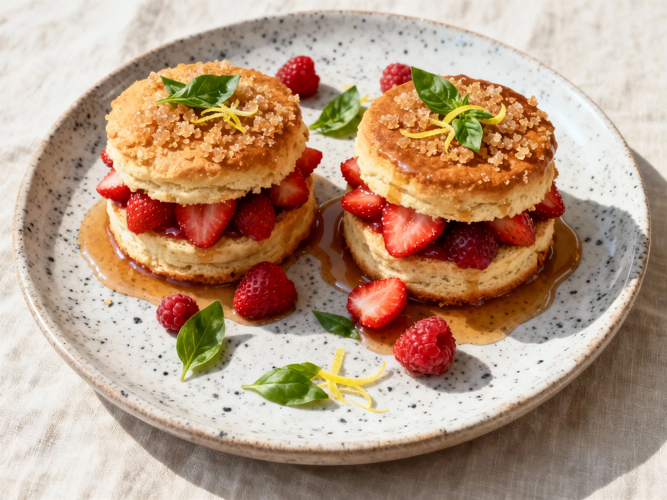 Food photography, Overhead shot of plated Brown Butter Strawberry Shortcakes on a speckled ceramic plate: two assembled 