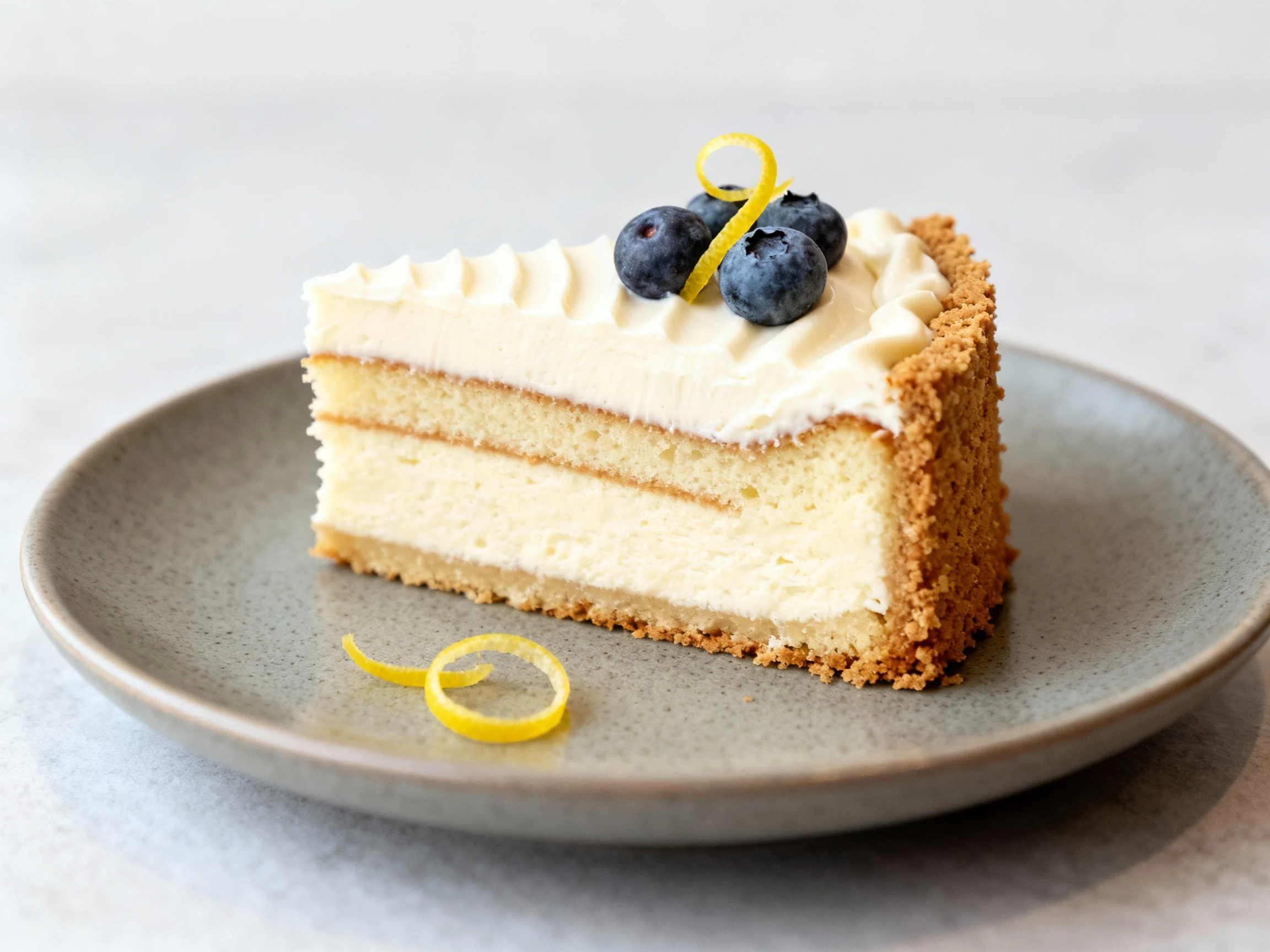 Food photography, Close-up plated slice: razor-clean cut lines (hot knife method) showcasing distinct layers—vanilla cak