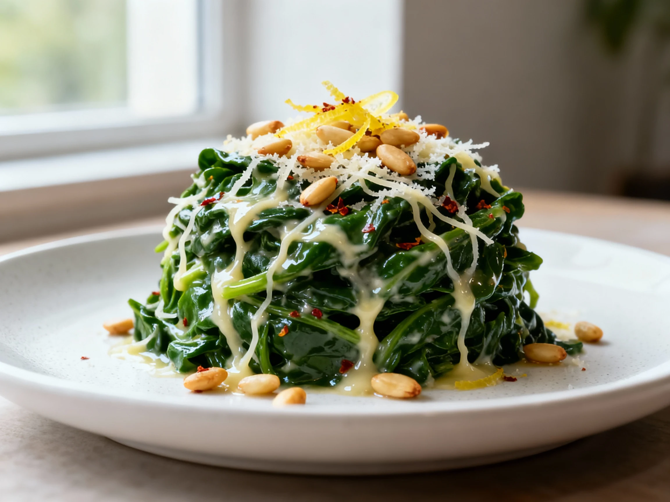 Food photography, Final plate: creamy lemon–Parmesan sautéed spinach neatly mounded on a matte white plate—ultra-silky l