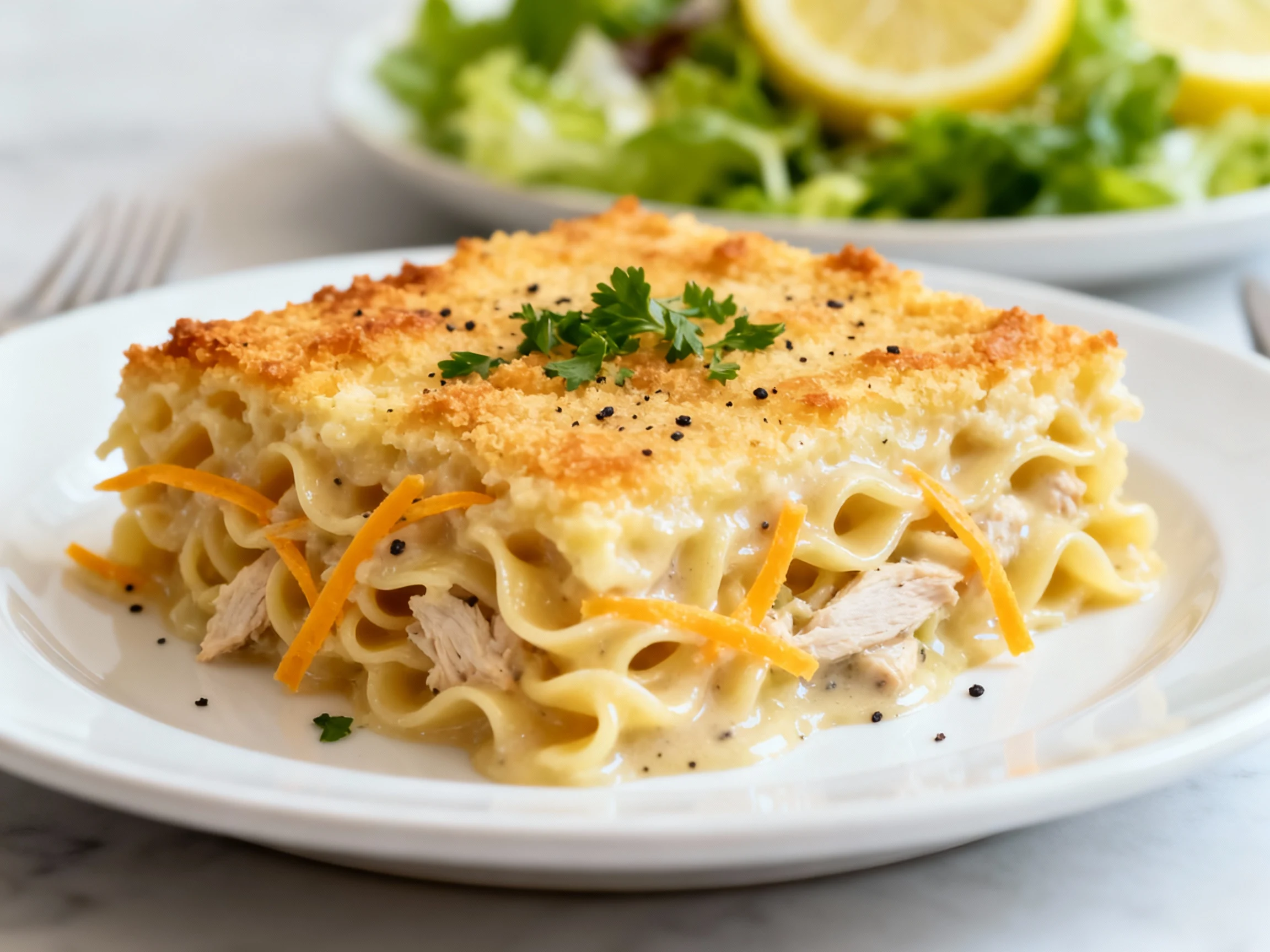 Food photography, Beautifully plated square of canned chicken noodle casserole on a white plate: golden, crispy top, sil