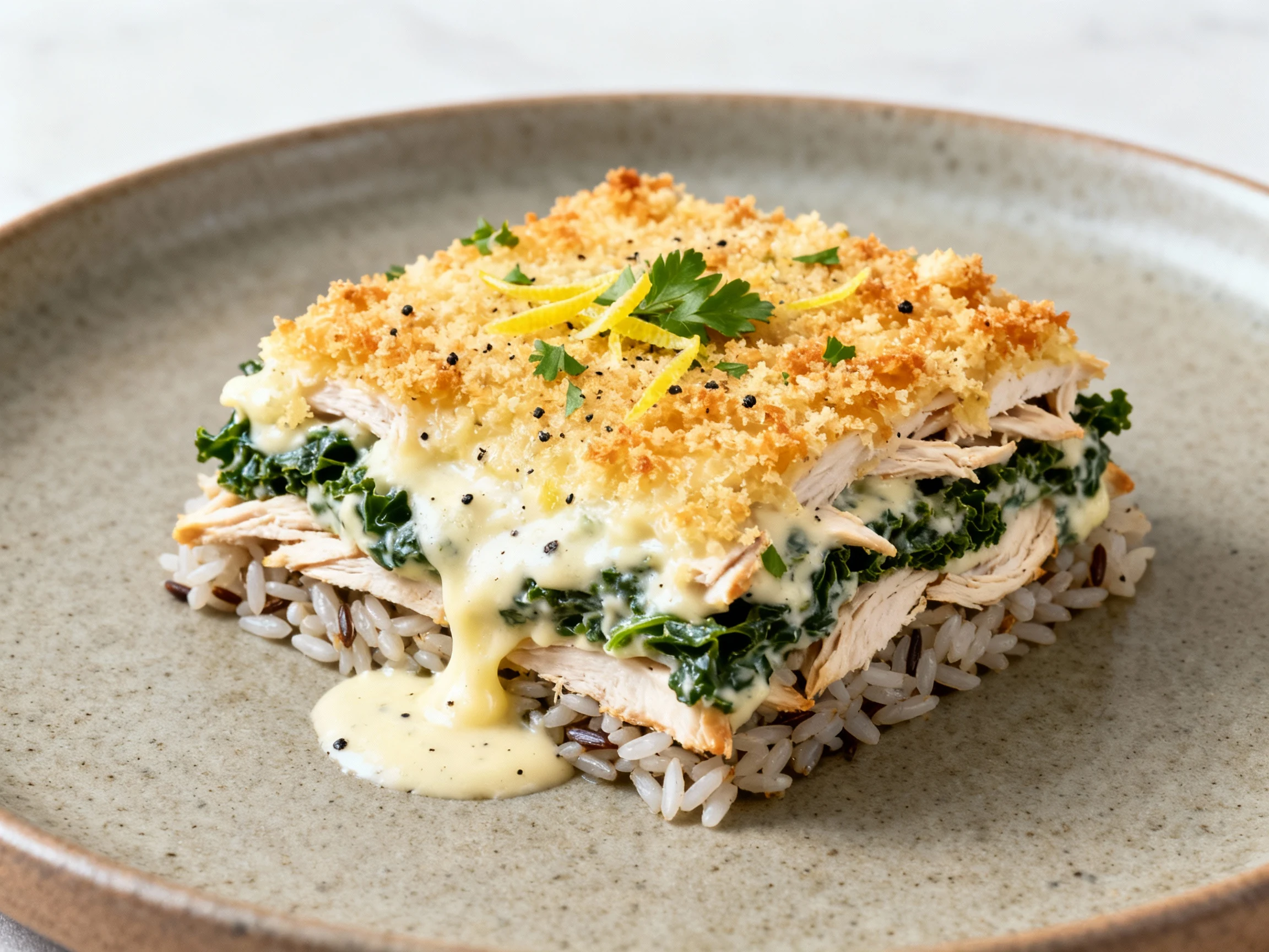 Food photography, 3. Beautifully plated portion on matte stoneware: stacked layers of wild rice, shredded rotisserie chi