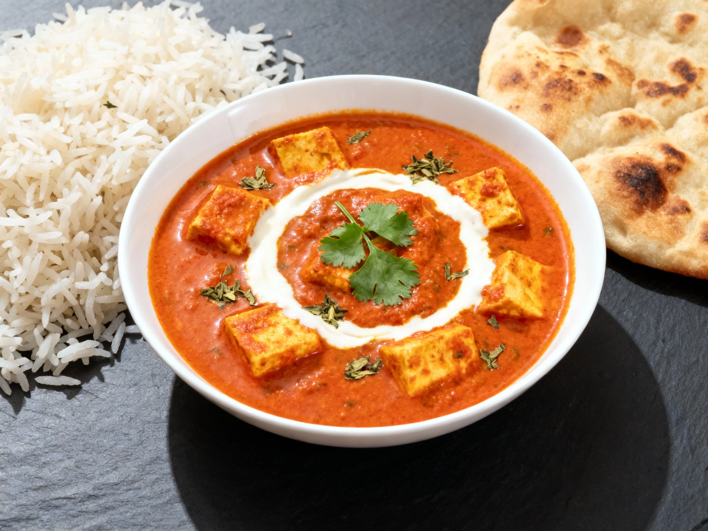 Food photography, Top-down final presentation: butter paneer in a shallow white bowl with a cream swirl and cilantro gar