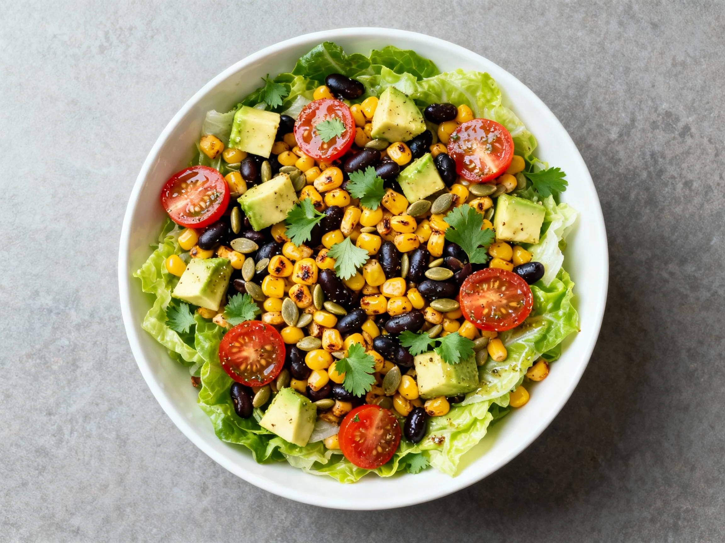 Food photography, Overhead shot of Southwest Crunch salad: romaine base topped with roasted corn, black beans, cherry to