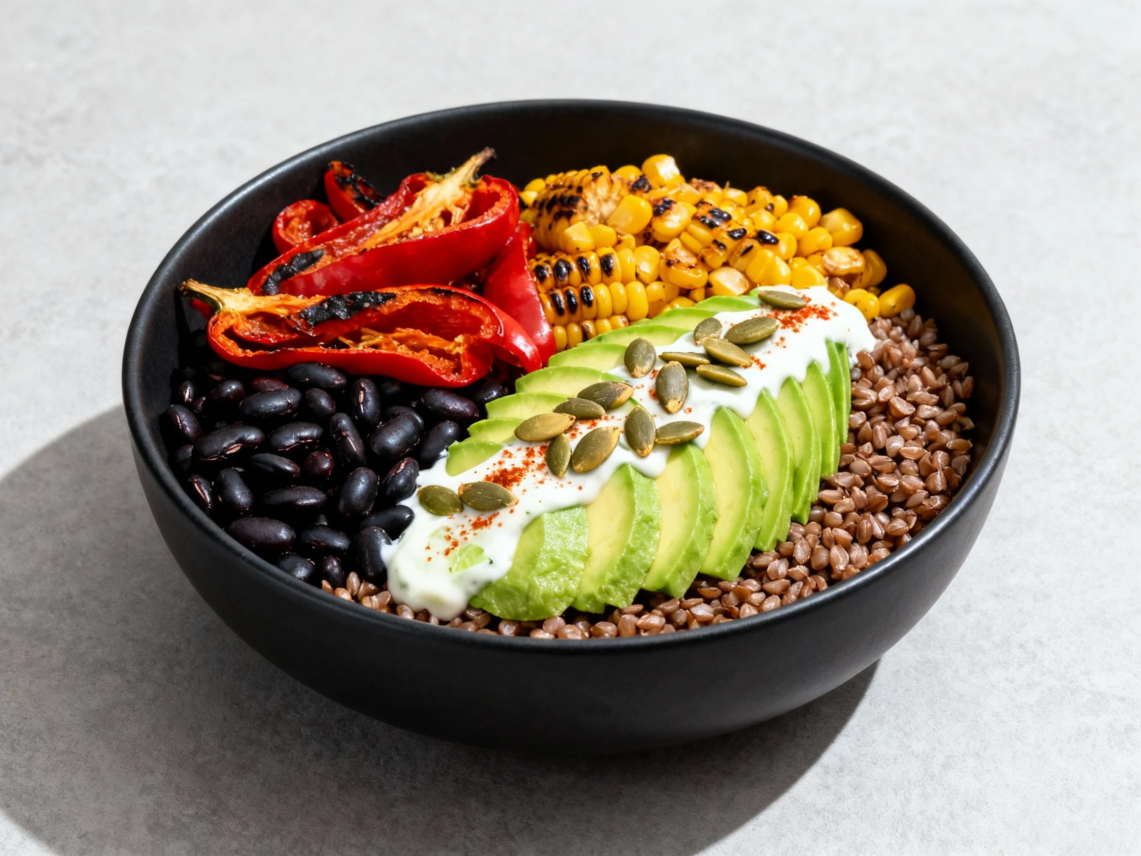 Food photography, Final plated: Southwest buckwheat bowl with roasted peppers, charred corn, and black beans, topped wit