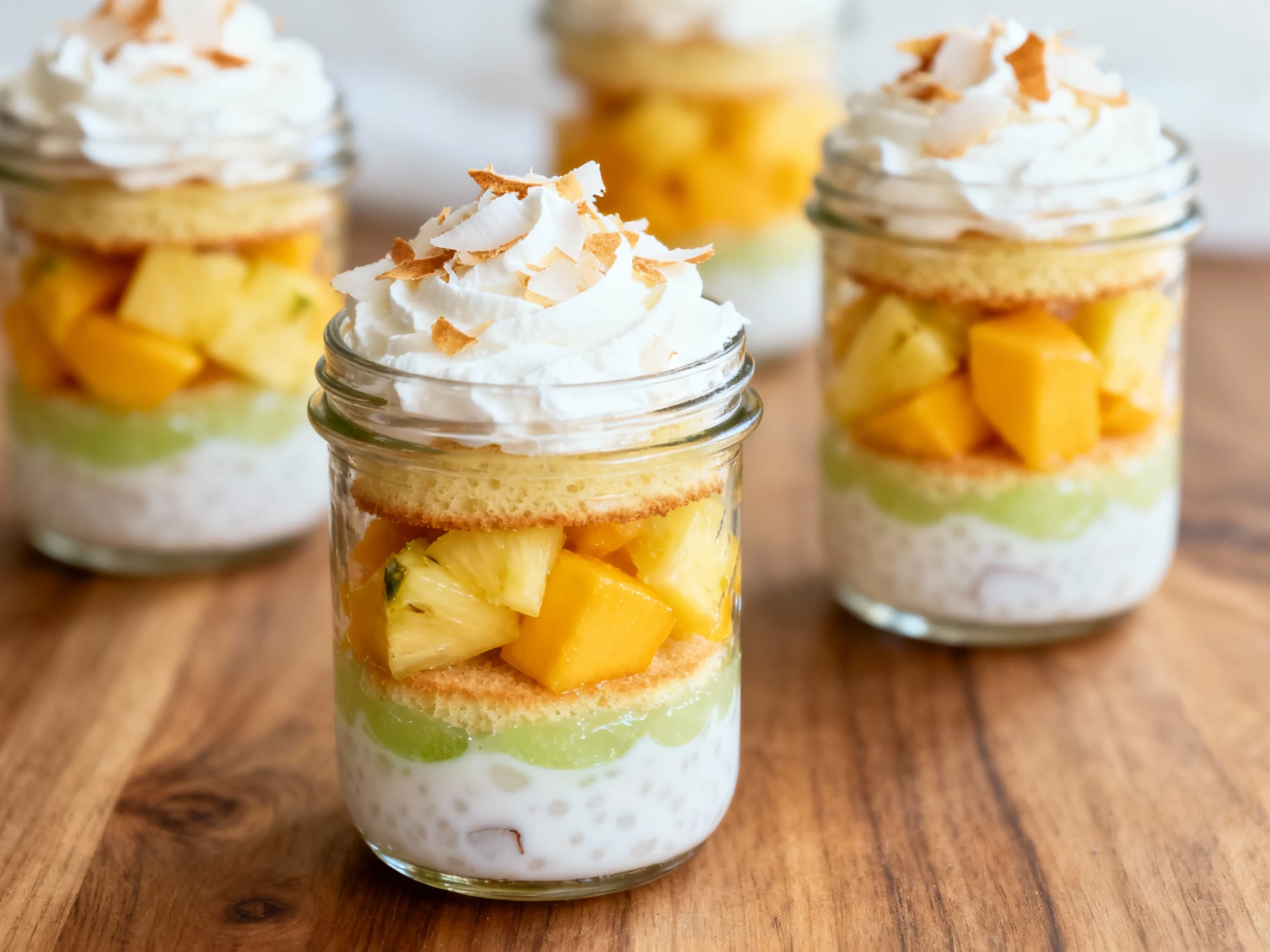 Food photography, Final dish: Individual Tropical Mango Coconut trifles—lime-syrup-brushed sponge, coconut milk pudding,