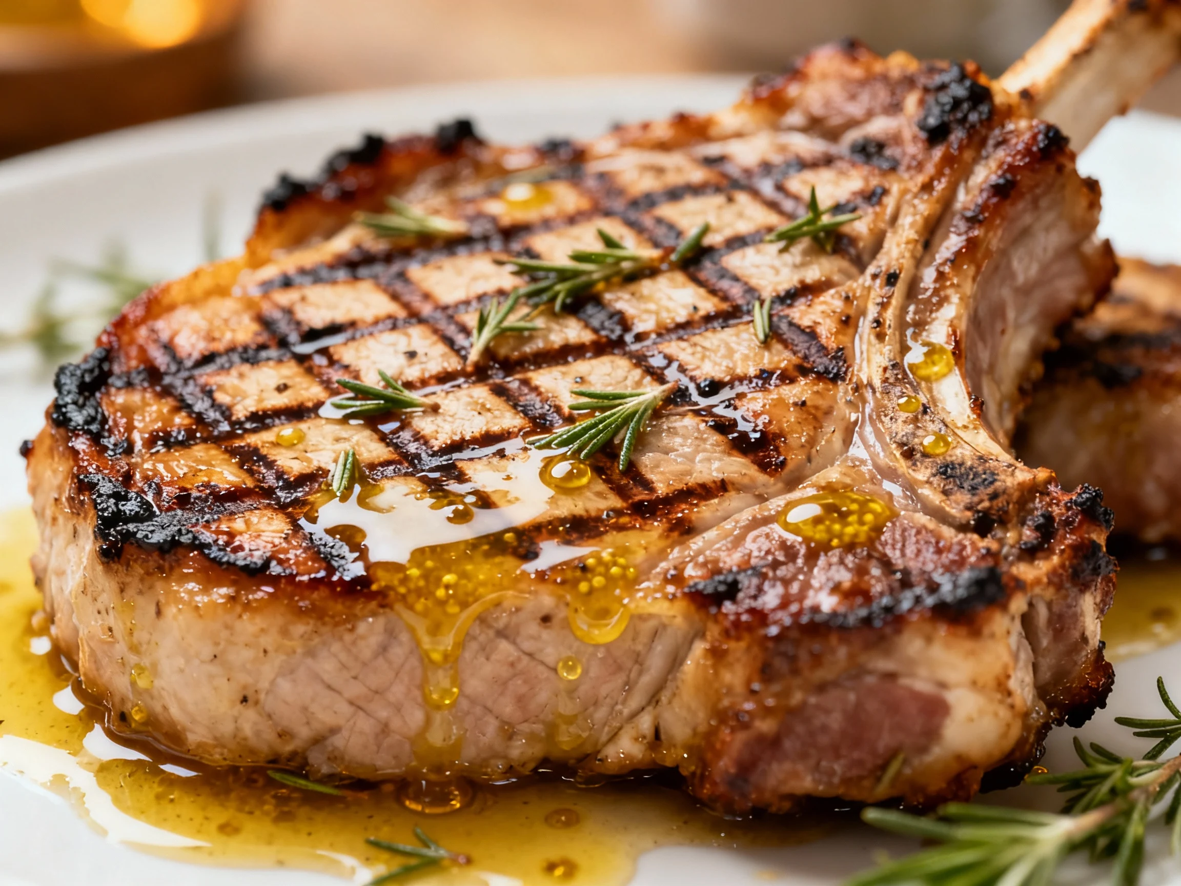 Food photography, Grilled pork chops brushed with tangy mustard–vinegar glaze: close-up of crosshatched char, smoky edge
