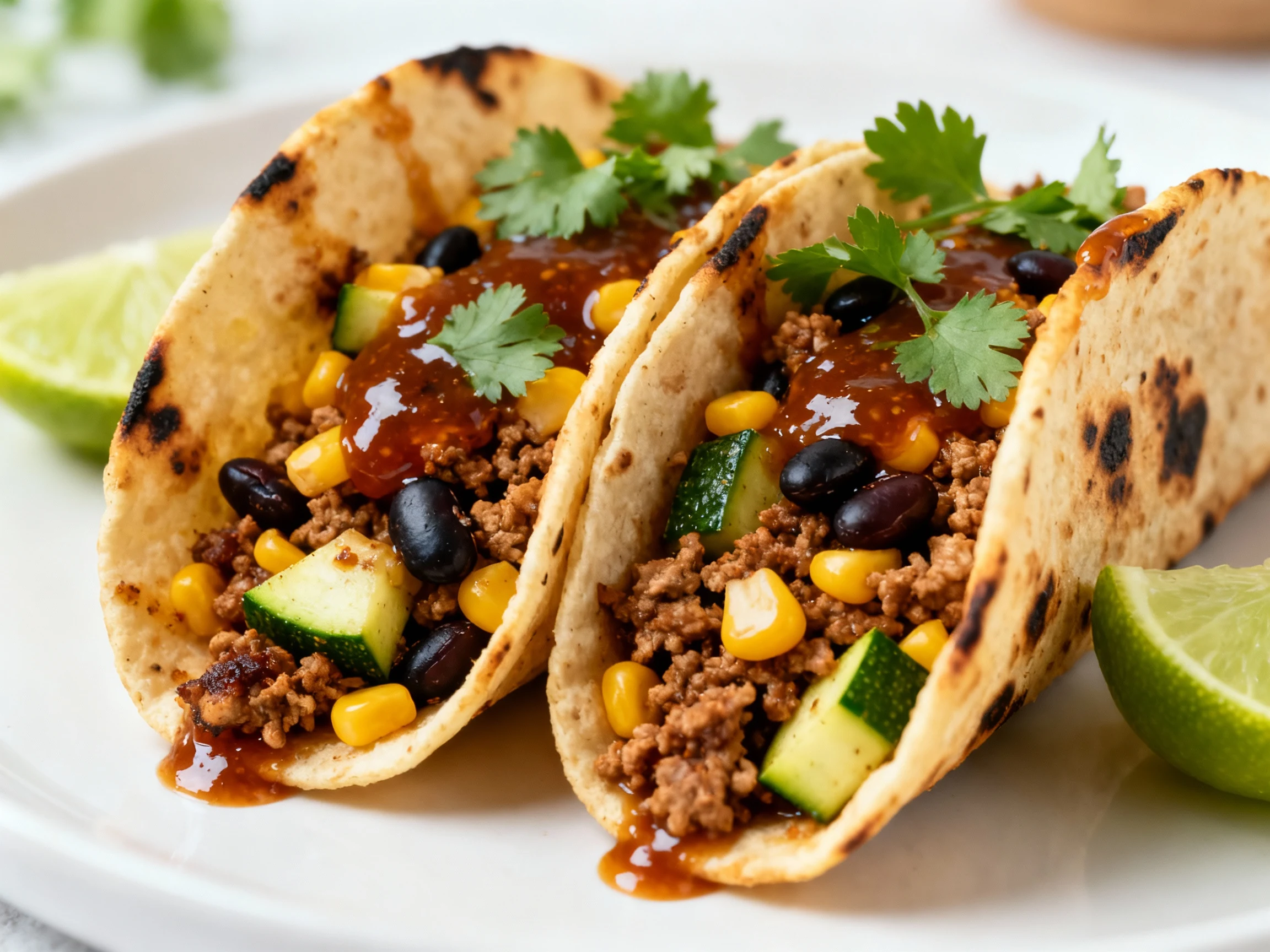 Food photography, Hero angle final: smoky chipotle ground turkey with corn, black beans, and zucchini loaded into warm c