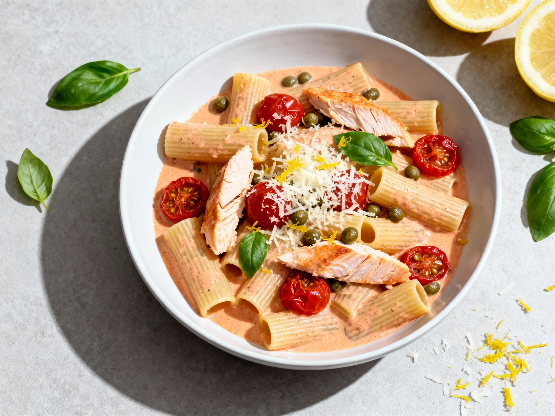 Food photography, Top-down shot of the tomato-cream variation: rigatoni coated in a blush tomato-cream sauce with flaked