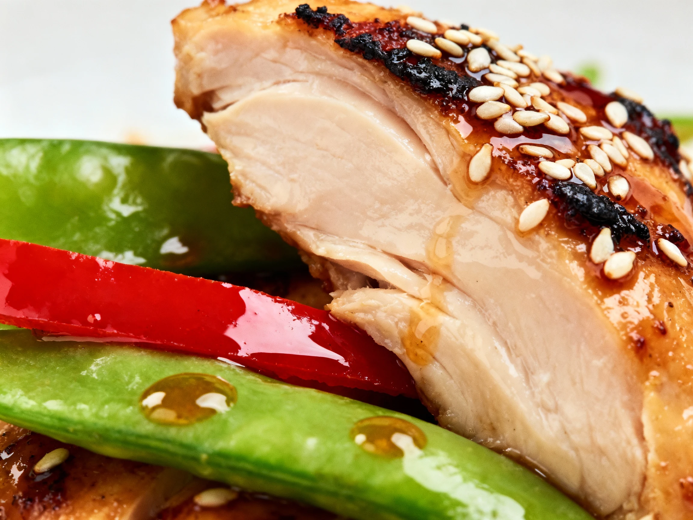 Food photography, 4. Close-up detail: Macro of a silky, velveted chicken piece with a charred edge and sesame seeds, nes