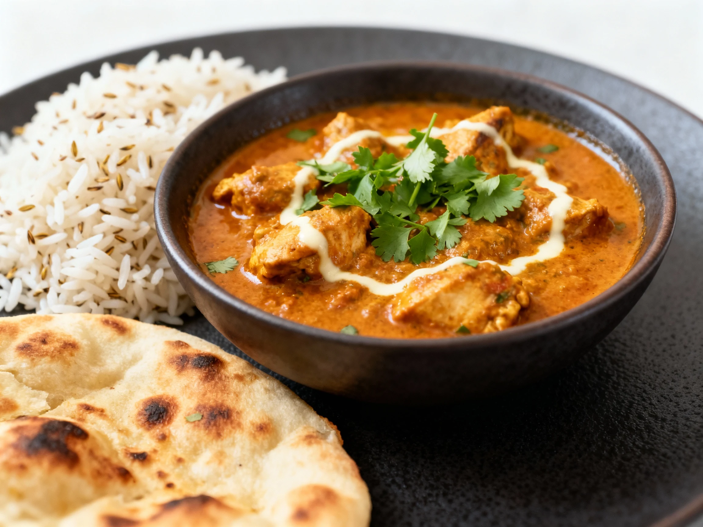 Food photography, Final dish: Restaurant-quality bowl of chicken curry garnished with chopped cilantro and a light cream