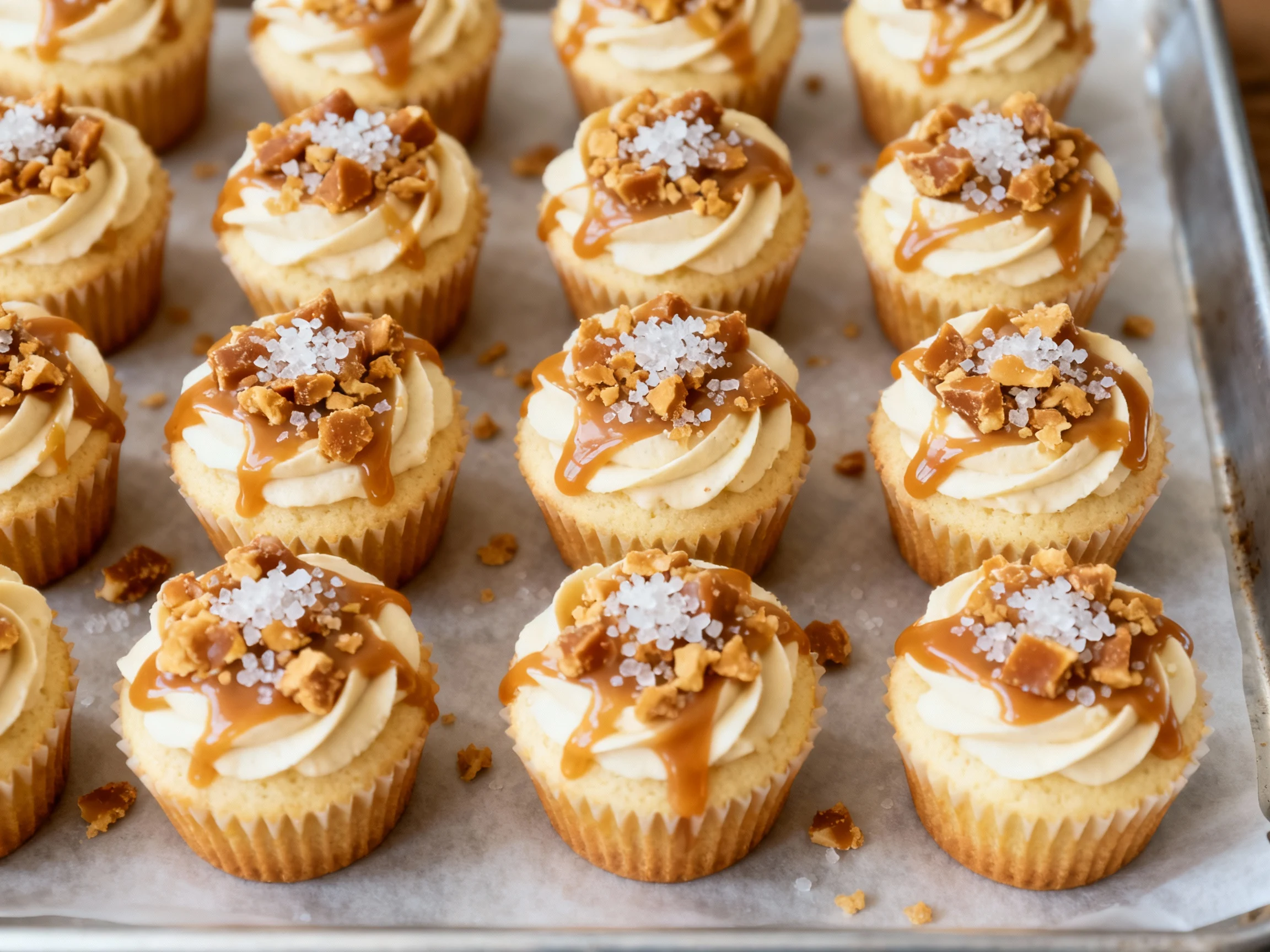 Food photography, Overhead shot of Salted Caramel Crunch cupcakes: vanilla base with buttercream, caramel drizzle, flaky