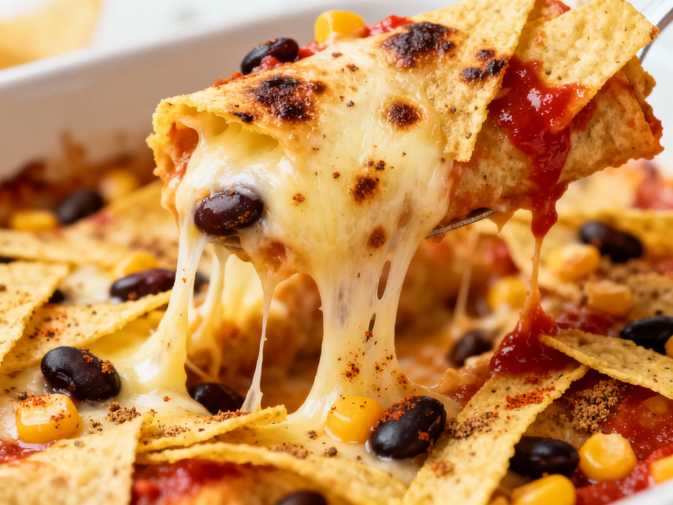 Food photography, Macro detail of gooey cheese pull from the enchilada bake: stretchy Monterey Jack strands, blistered b
