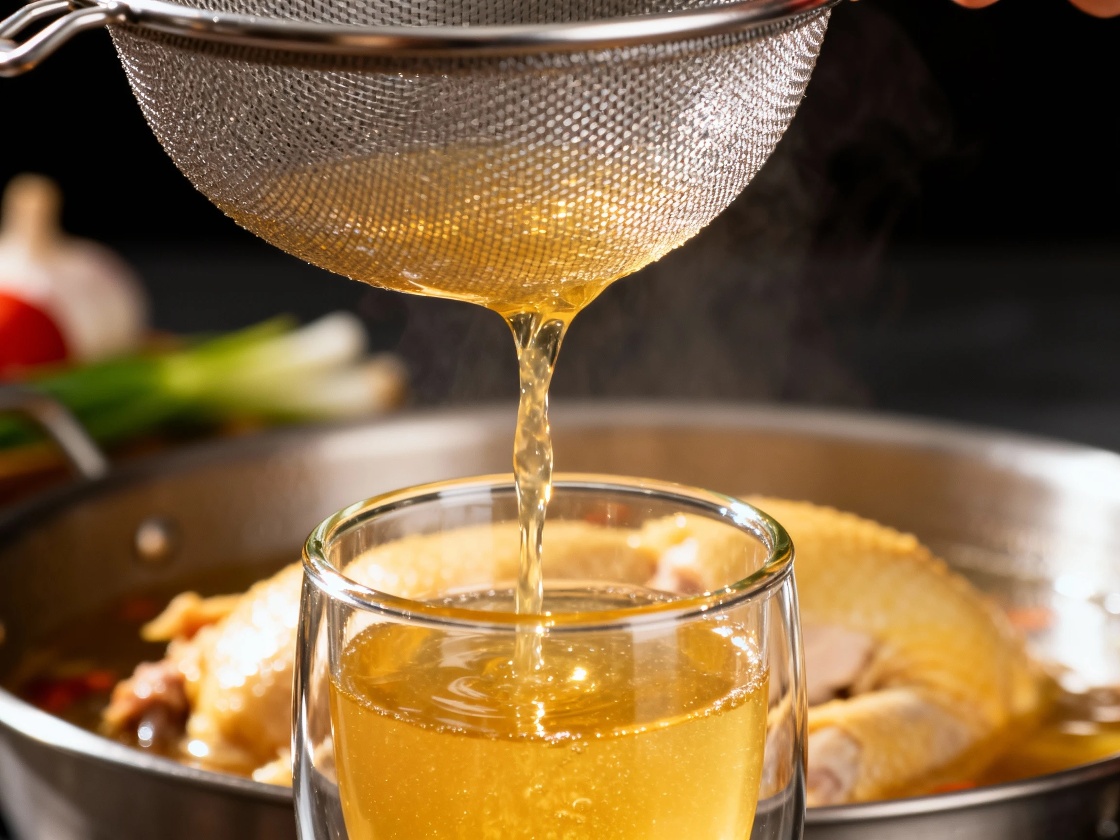 Food photography, 4. Strained clarity pour: golden chicken broth streaming through a fine-mesh sieve into a glass contai
