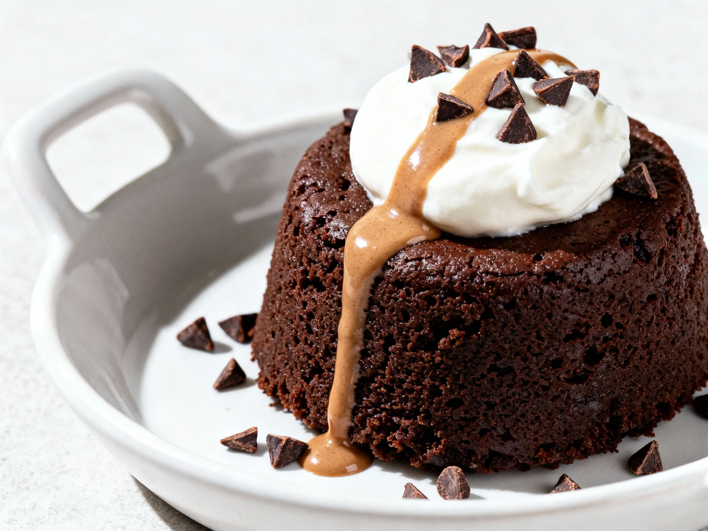 Food photography, Final dish: PB2 chocolate mug cake plated on a white ceramic dish, topped with a cool dollop of Greek