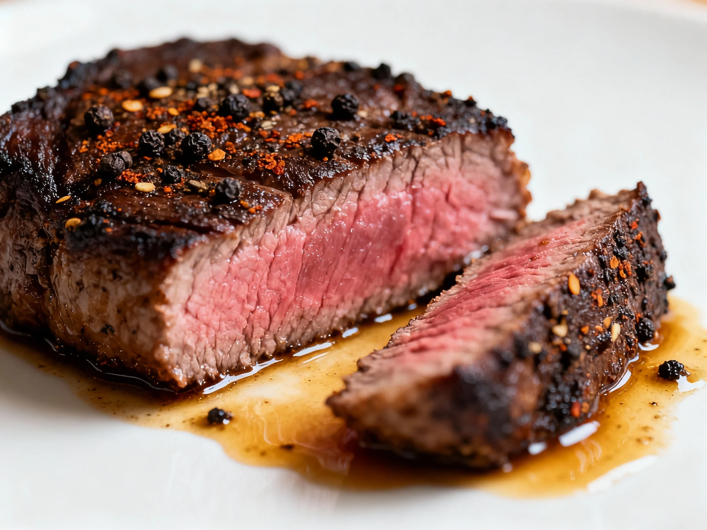 Food photography, Close-up detail: coffee–black pepper rubbed top sirloin showing a dark mahogany crust with cracked pep