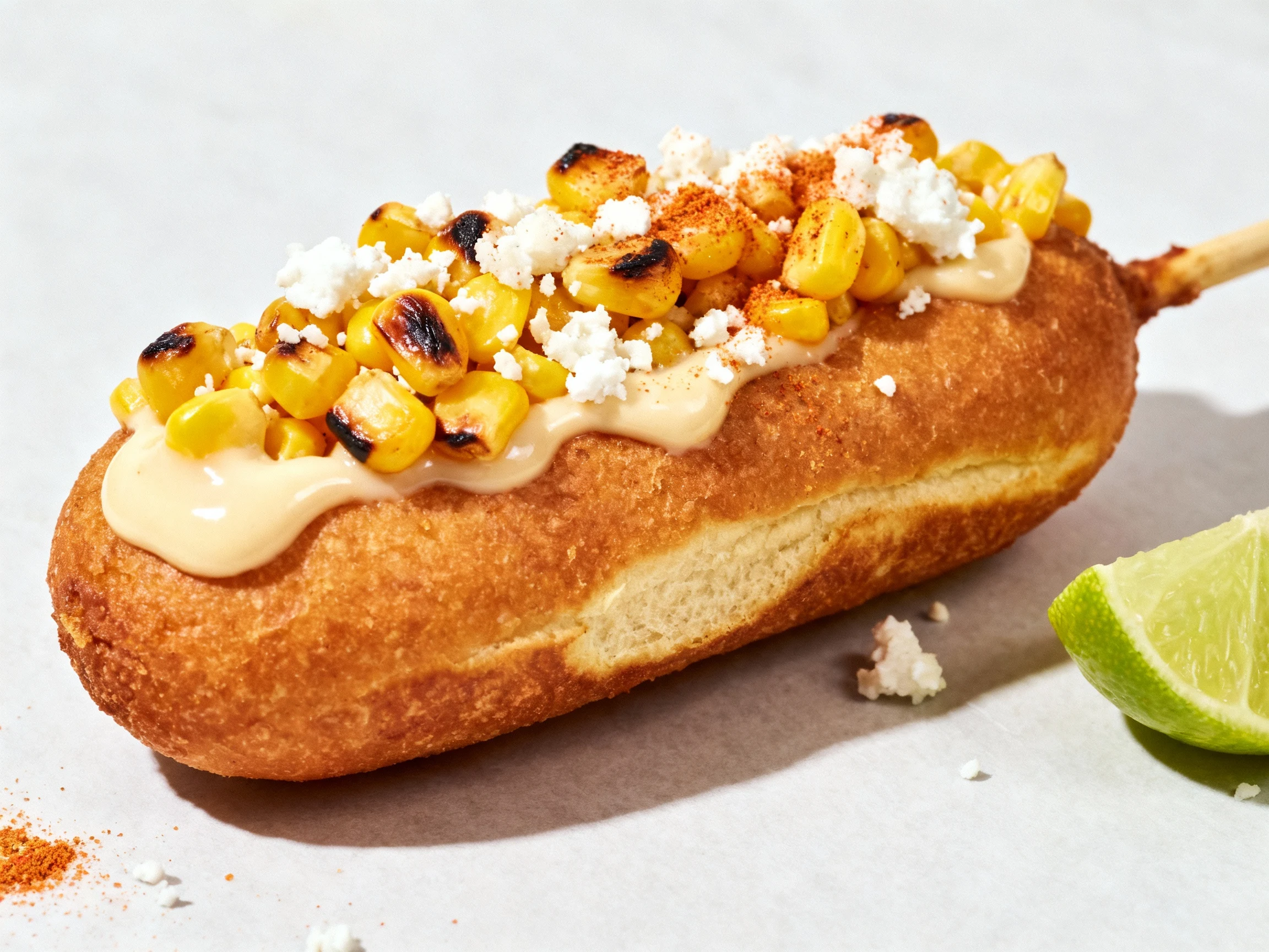 Food photography, Macro close-up of Elote Street Corn dog: glossy mayo, charred corn kernels, crumbled Cotija, Tajín dus