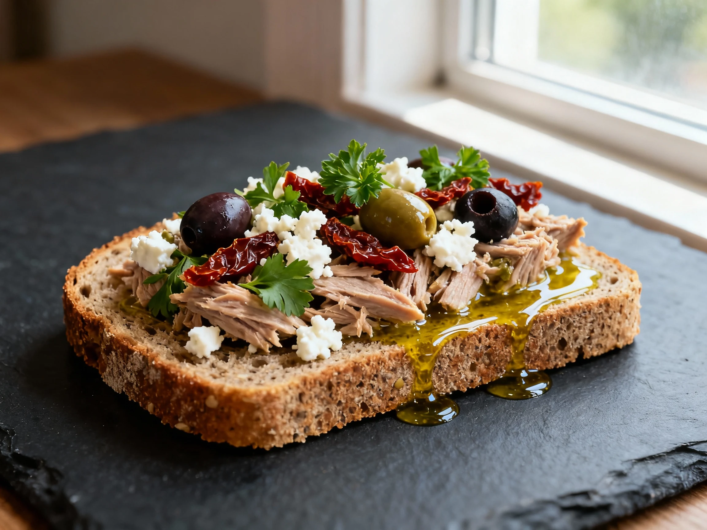 Food photography, 4. Beautifully plated Mediterranean tuna salad open‑face on multigrain: chopped olives, sun‑dried toma