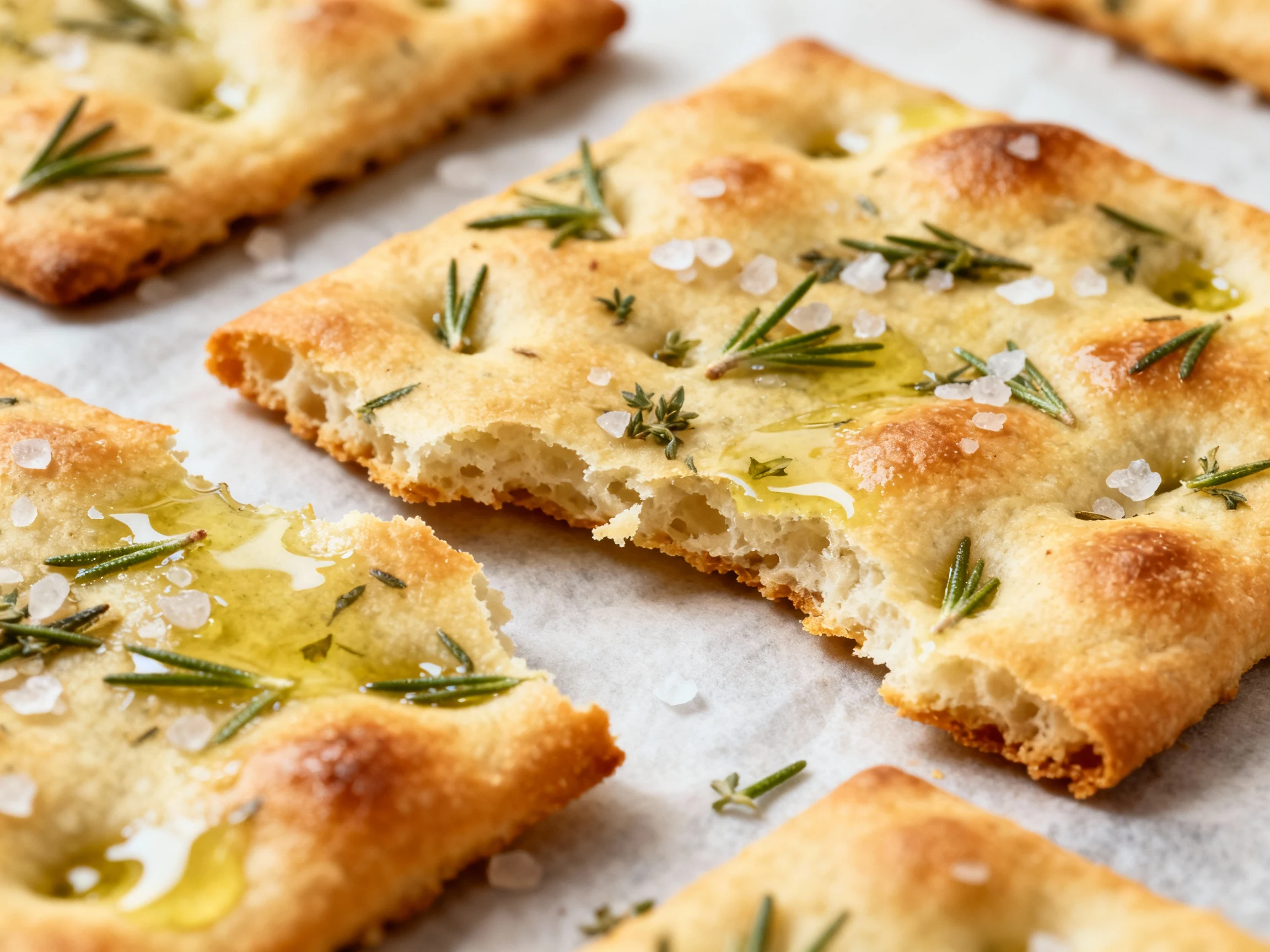 Food photography, Herb and olive oil sourdough crackers fresh from the oven, tight macro of blistered golden surfaces wi
