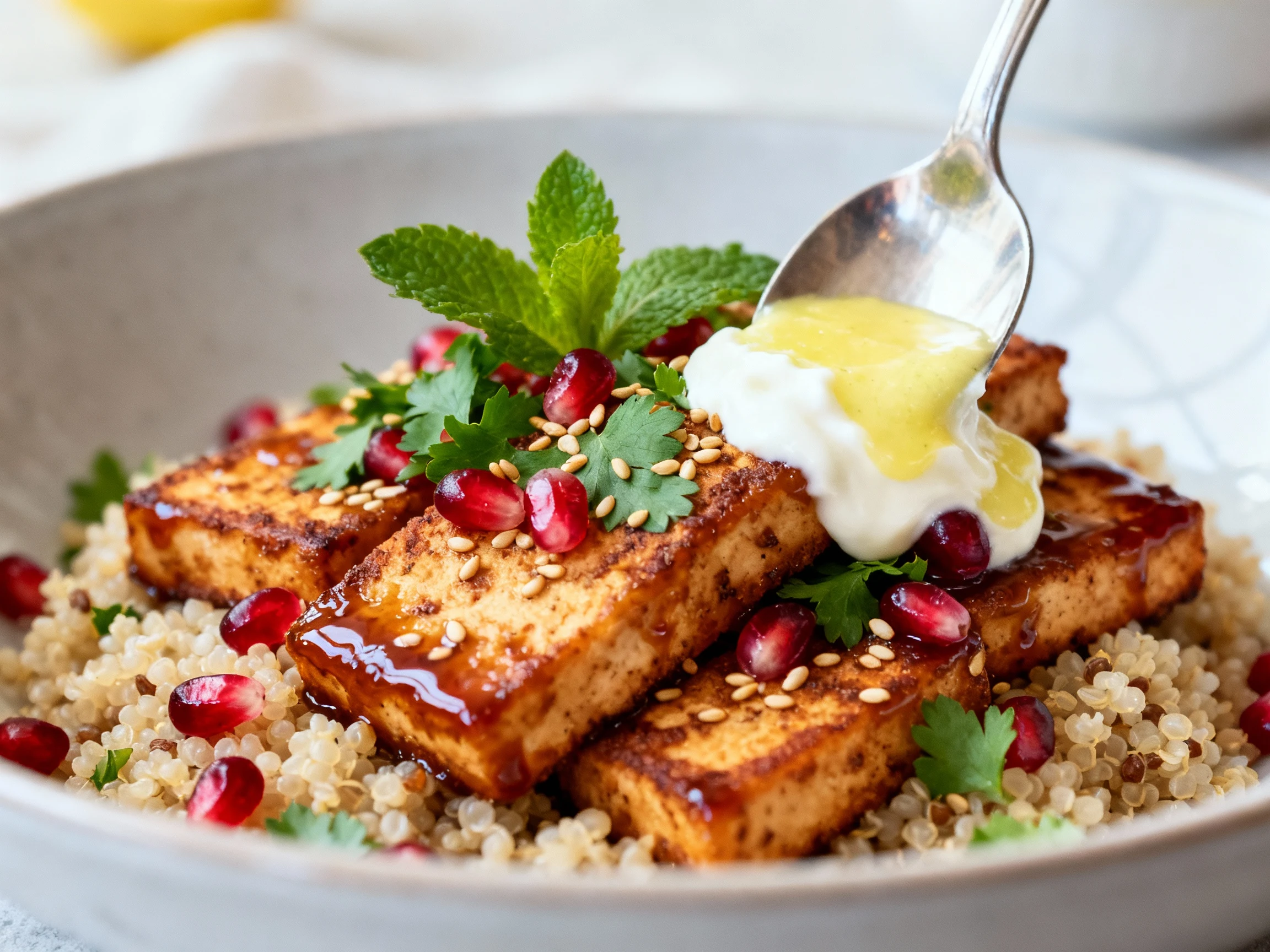 Food photography, Close-up of crispy tofu glazed with pomegranate over quinoa, topped with mint and parsley, ruby arils,