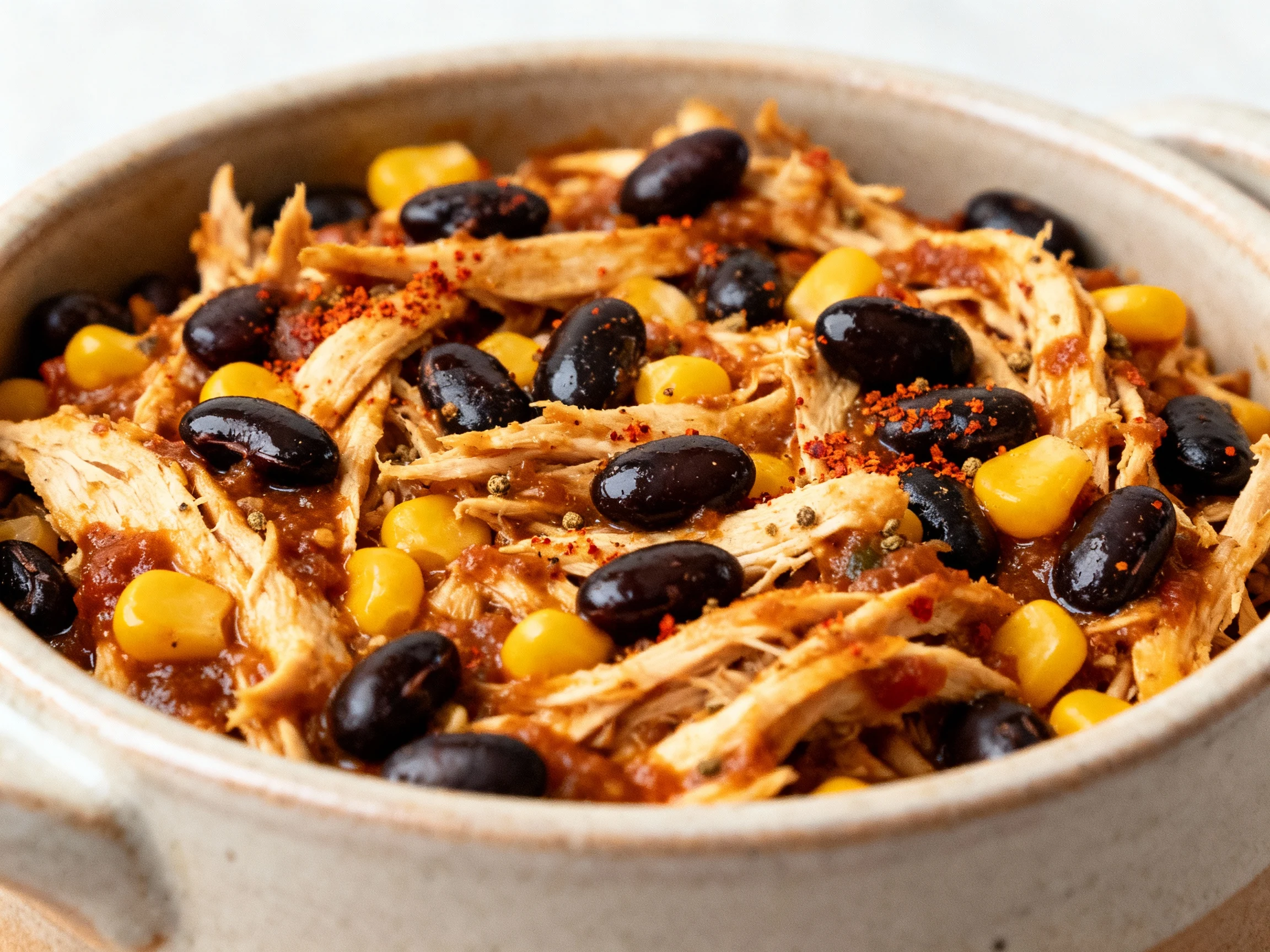 Food photography, Close-up detail: Shredded salsa chicken coated in smoky, fire-roasted sauce with glossy black beans an