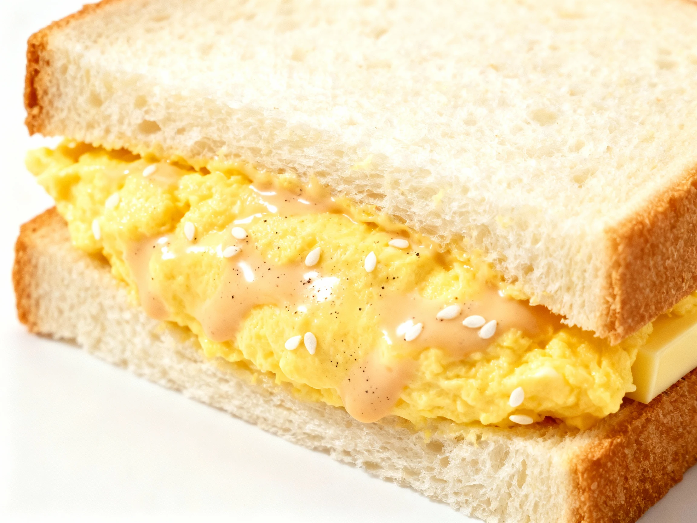 Food photography, 4. Close-up detail: Macro cross-section of tamago sando on shokupan—plush, creamy egg salad with Kewpi