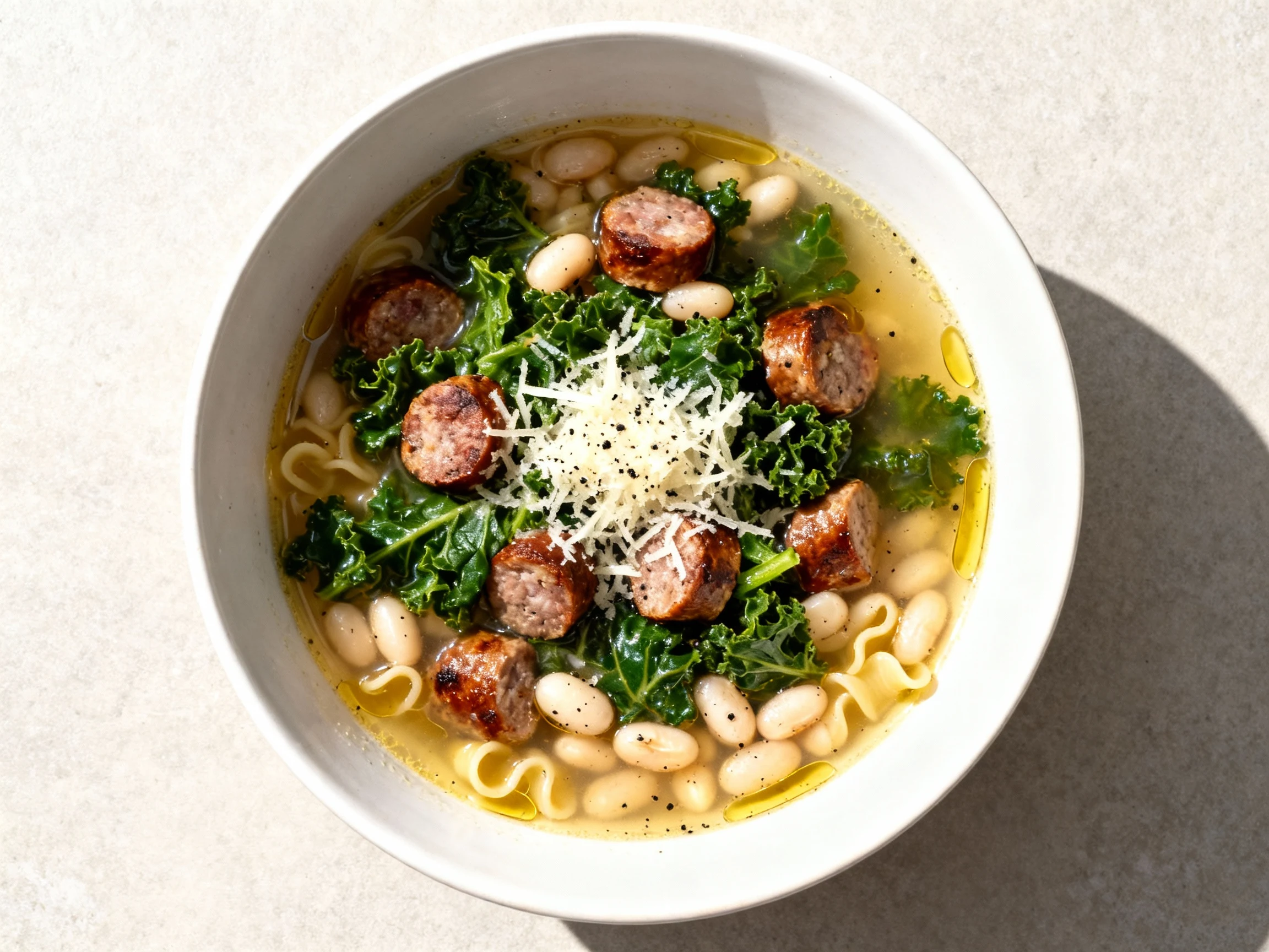 Food photography, Top view of garlicky sausage and greens soup: bronzed sausage bits, tender kale, white beans, small pa