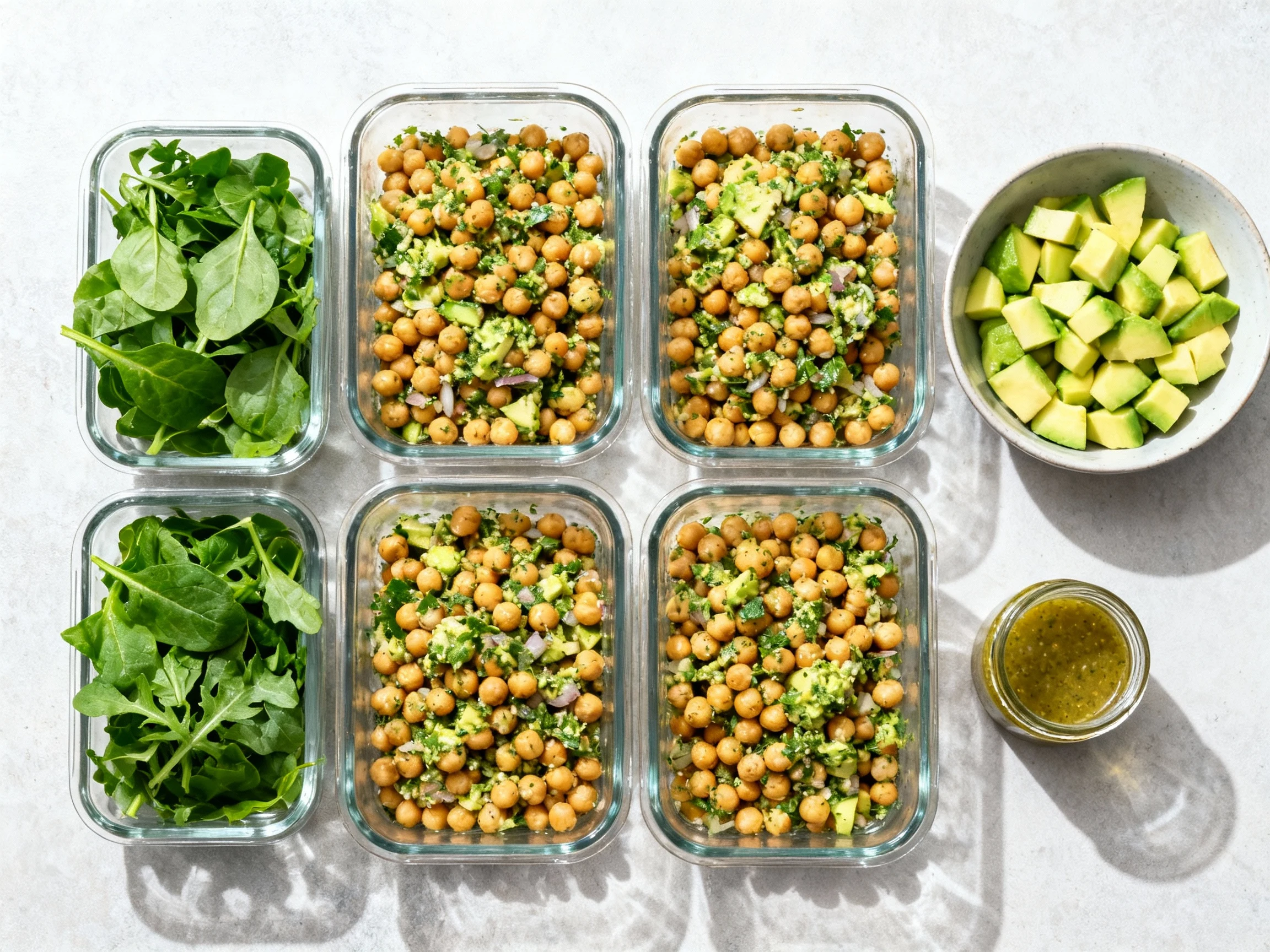 Food photography, 4. Tasty top view: Overhead meal-prep shot—glass containers with dressed chickpea salad base, separate