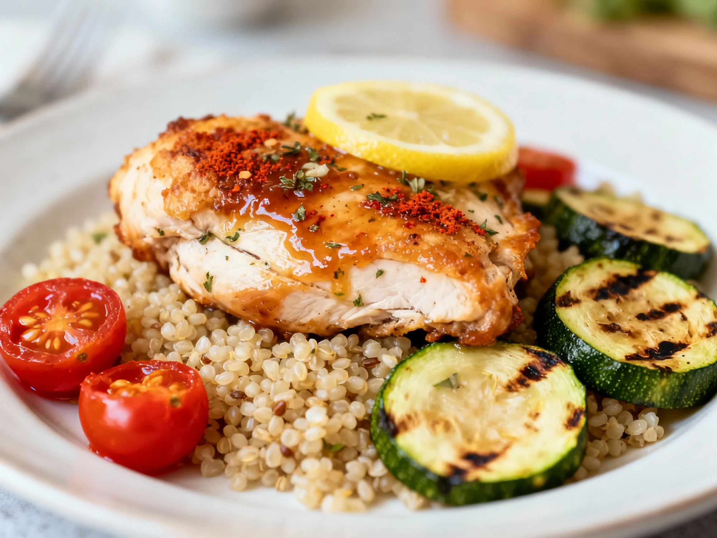 Food photography, 4. Close-up of juicy lemon-garlic chicken atop quinoa: crispy golden edges, glossy glaze, paprika and 