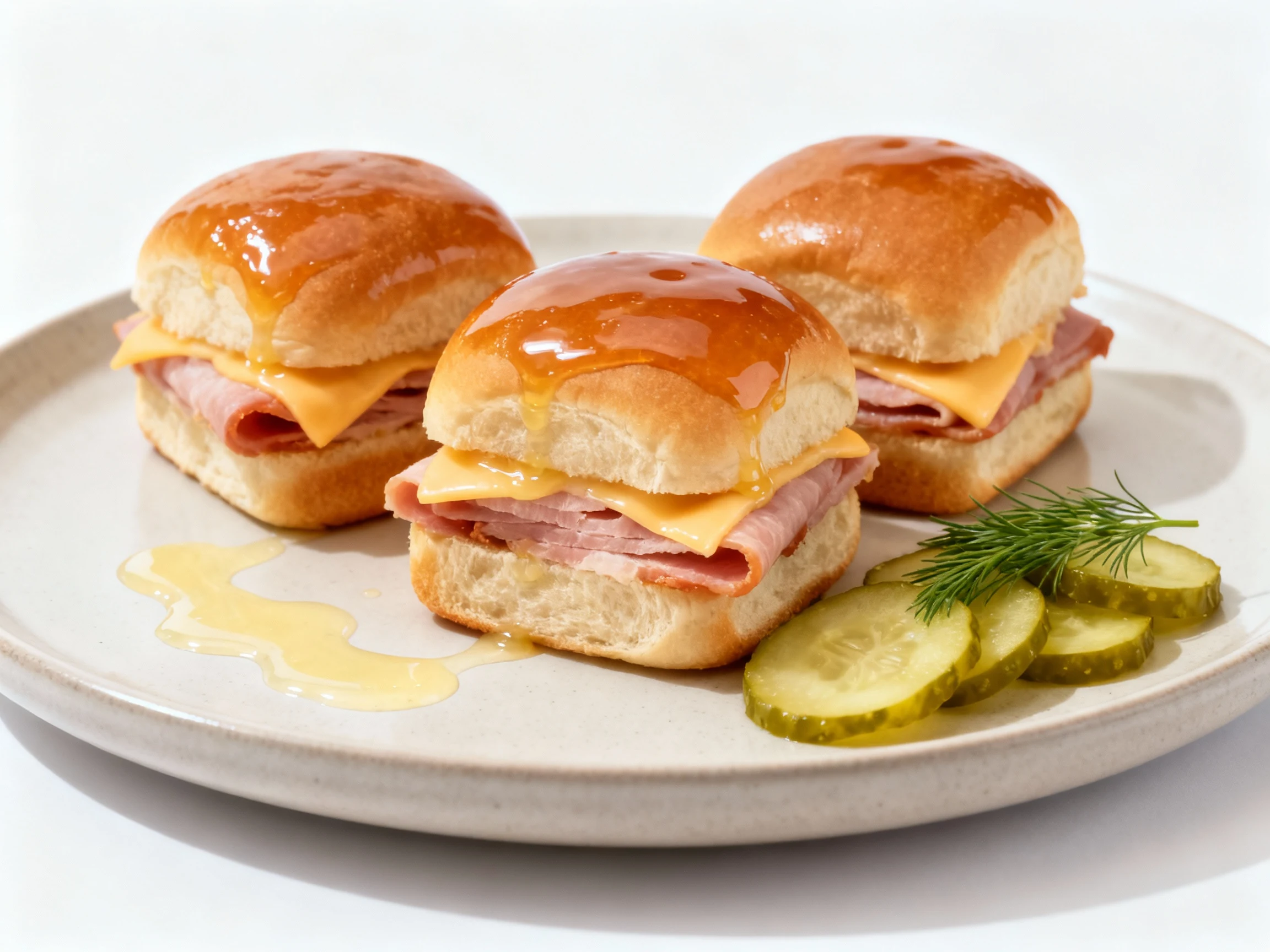Food photography, Beautifully plated ham-and-Swiss Hawaiian roll sliders (3) on a neutral plate with dill pickle chips a